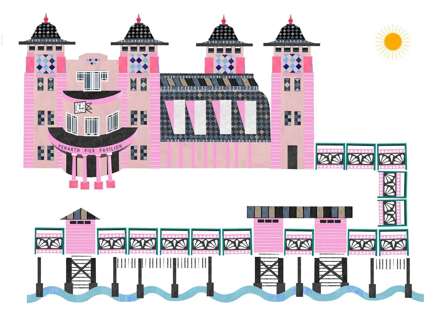 My new illustration of PENARTH PIER. Had to go a bit abstract with this one to fit the pier in! Finished it just in time for the @makersarcadepopup market at the Paget Rooms tomorrow, 11am - 4pm. Really looking forward to it &hearts;️