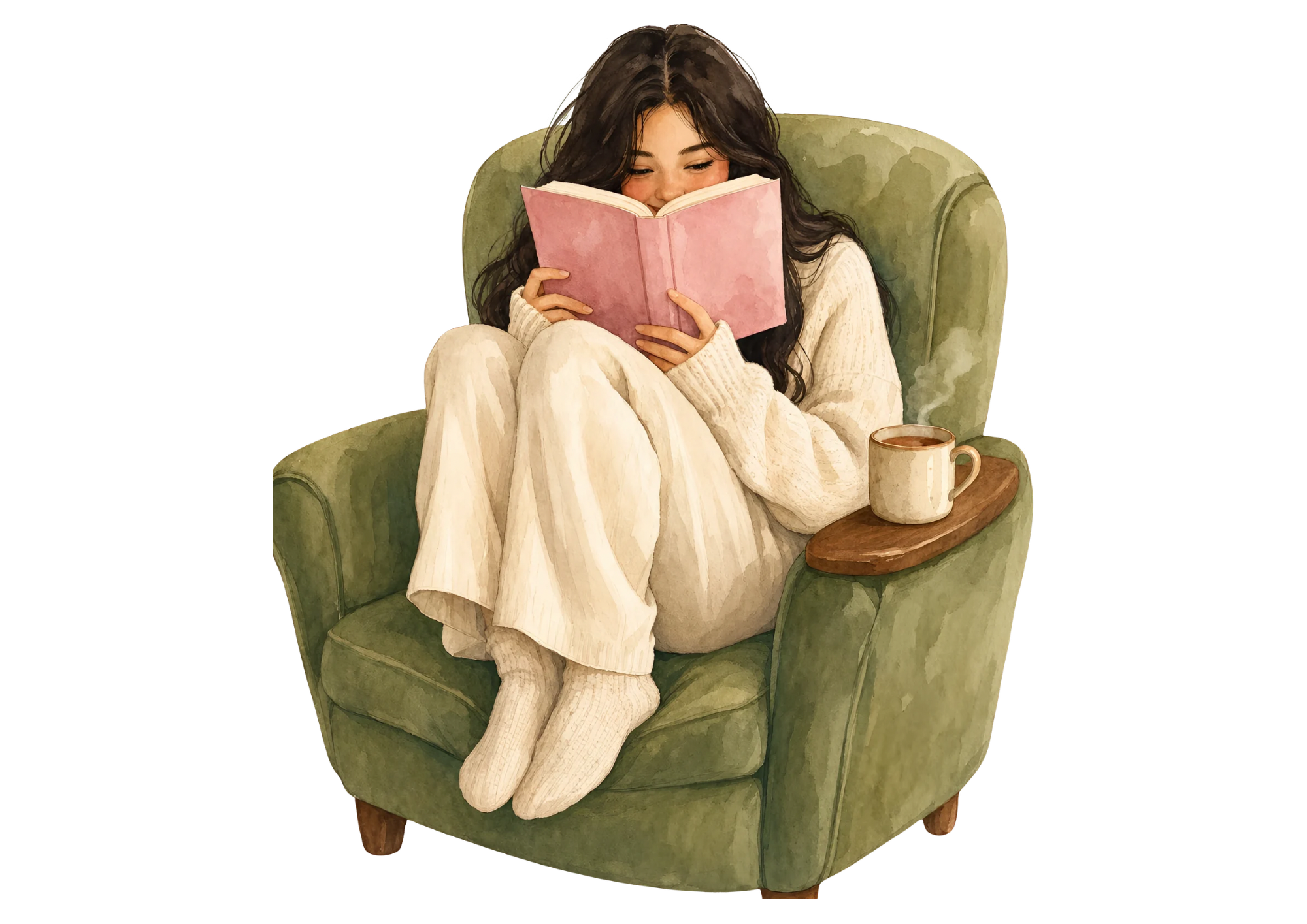 Illustration of a woman reading in a cozy chair