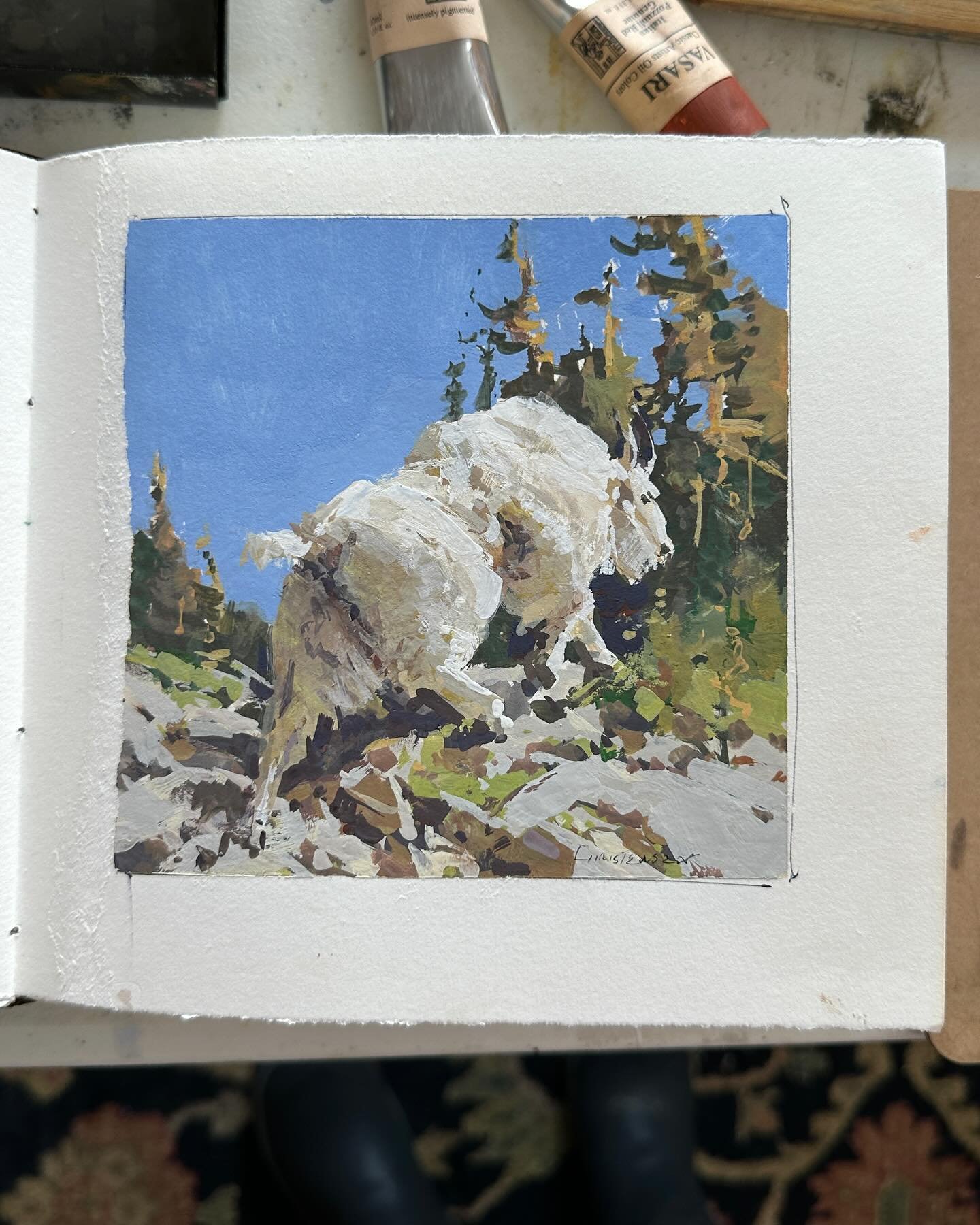 Working on goat ideas and thinking about placement. A reminder that creating several studies is a great way to work through ideas and issues before they arise in bigger paintings. I don&rsquo;t just go straight from idea to large painting! Lots of st