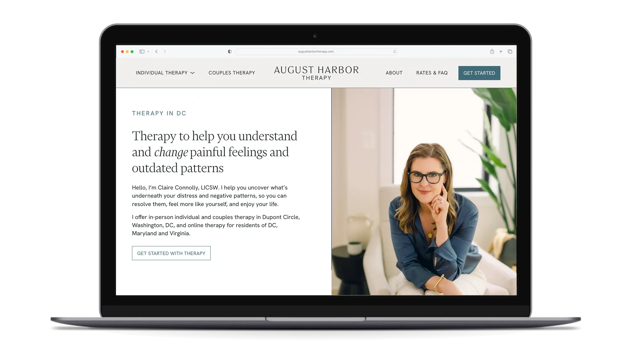 Laptop mockup of the August Harbor Therapy website, designed by Rebecca Eisner