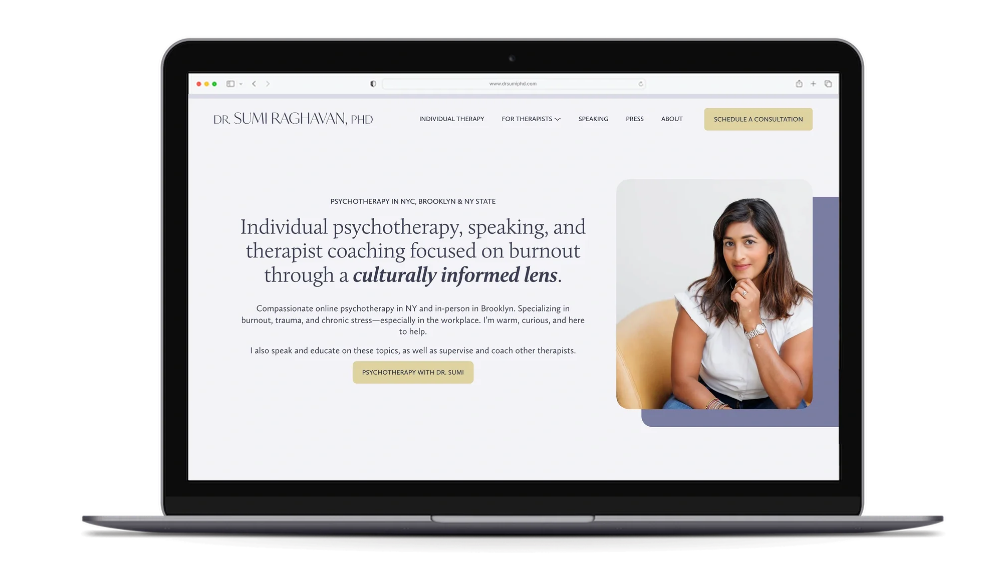 Laptop mockup of the Dr. Sumi Raghavan, PhD website, designed by Rebecca Eisner