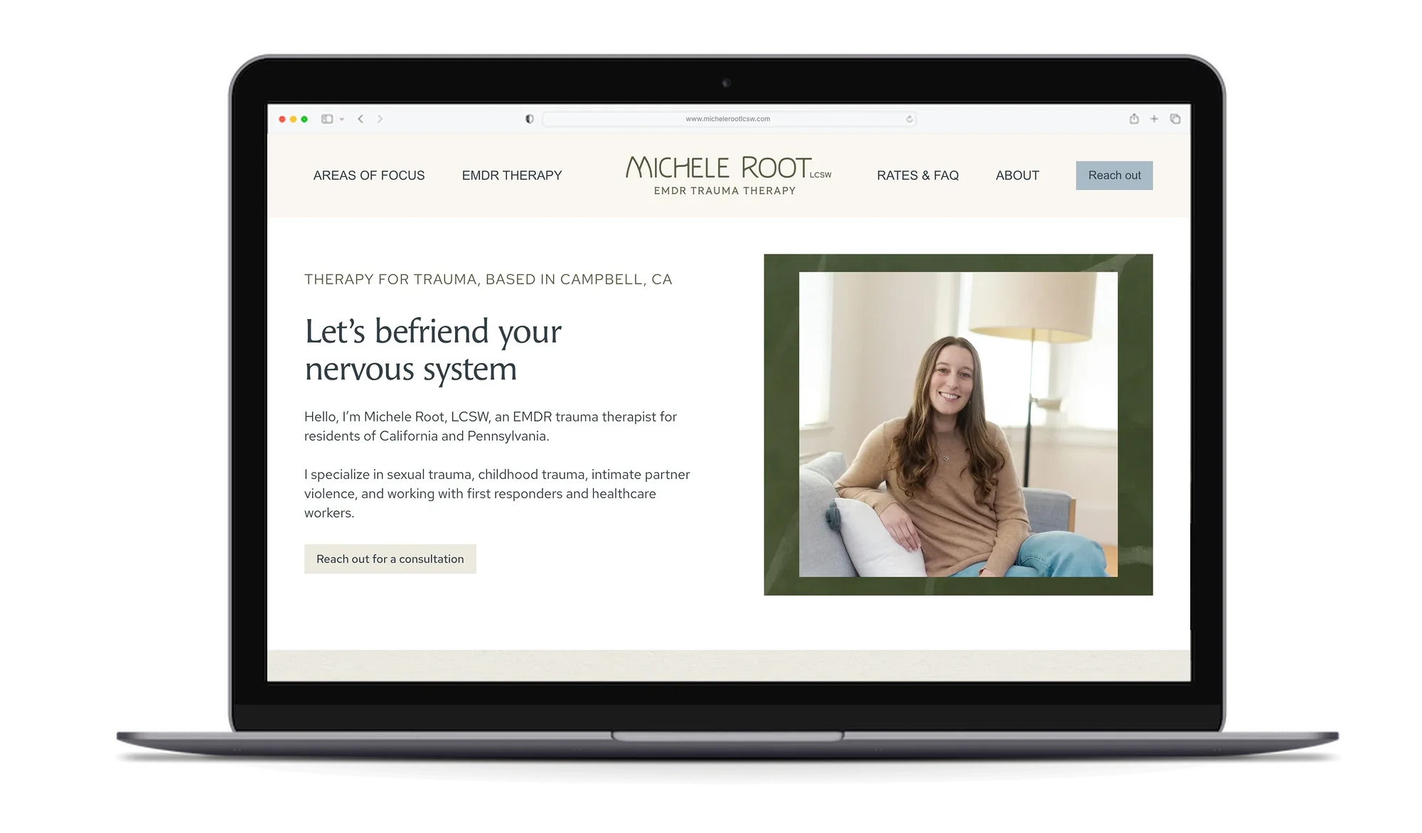 Michele Root, LCSW website on a laptop