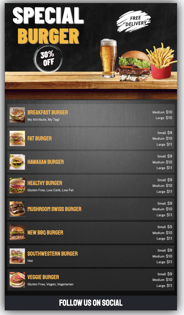 Split-screen restaurant menu with event and drink specials on screen
