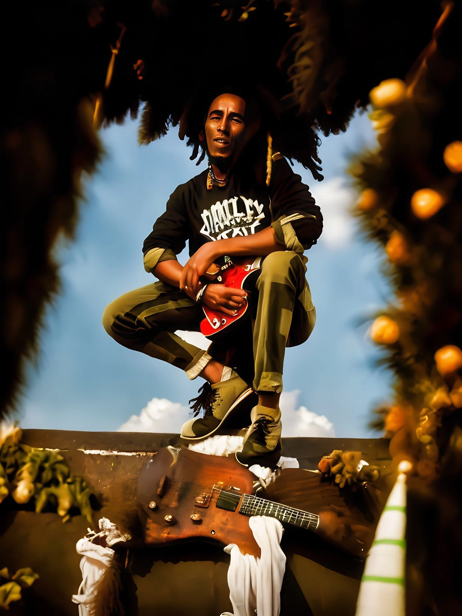 A man with dreadlocks and a dark shirt crouches on a surface with a guitar, surrounded by flowers and objects, viewed from below against a blue sky with clouds.