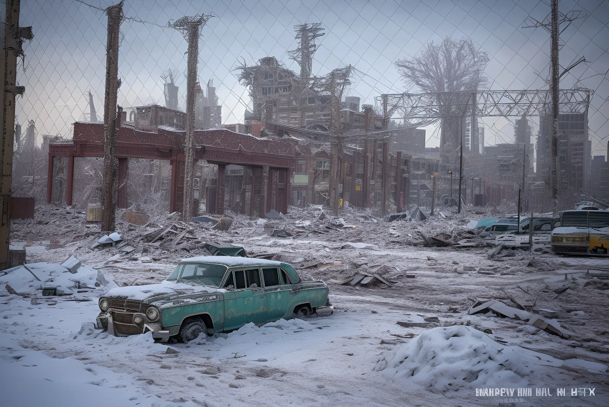 Post-apocalyptic cityscape with a snowy environment, featuring abandoned cars and damaged buildings under a gray sky, surrounded by rubble.