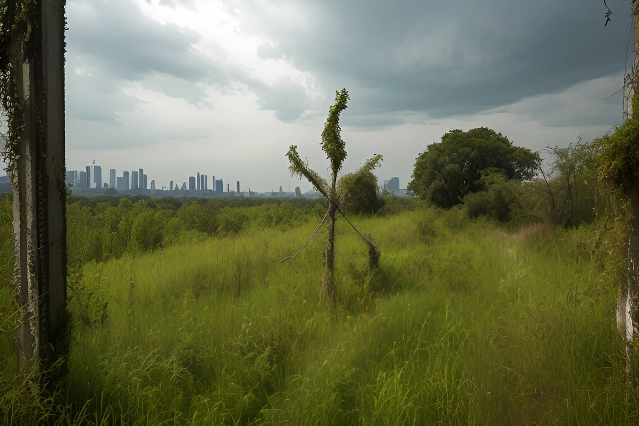 Overgrown grassy field with a distant city skyline under a cloudy sky. A wooden structure covered in vines stands in the foreground."}