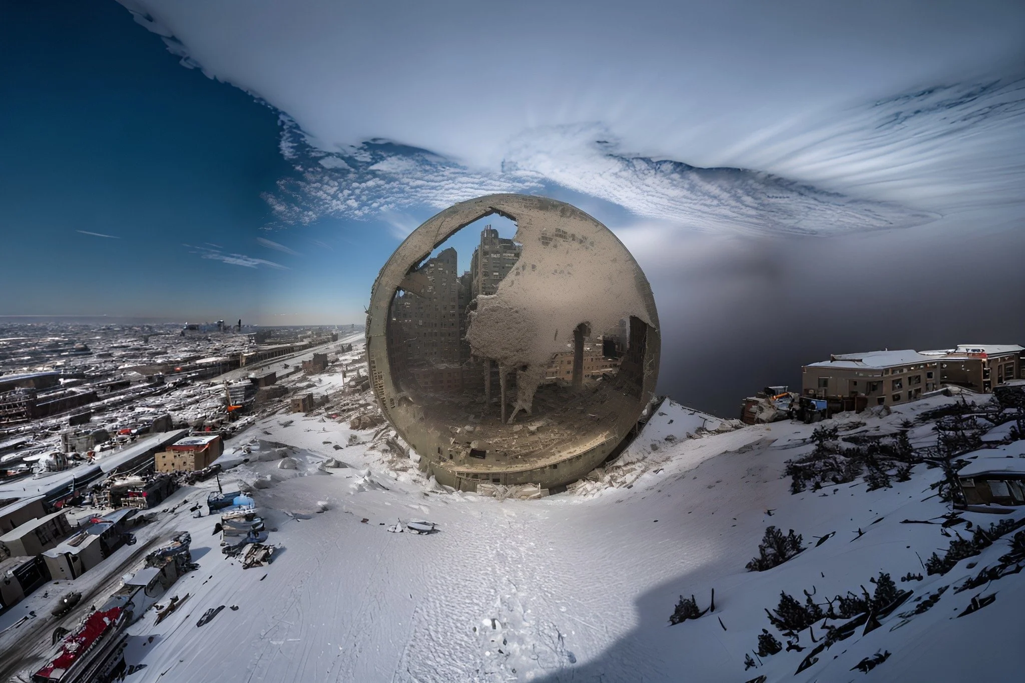 Snowy cityscape with a large, spherical structure reflecting surrounding buildings on a clear, sunny day.