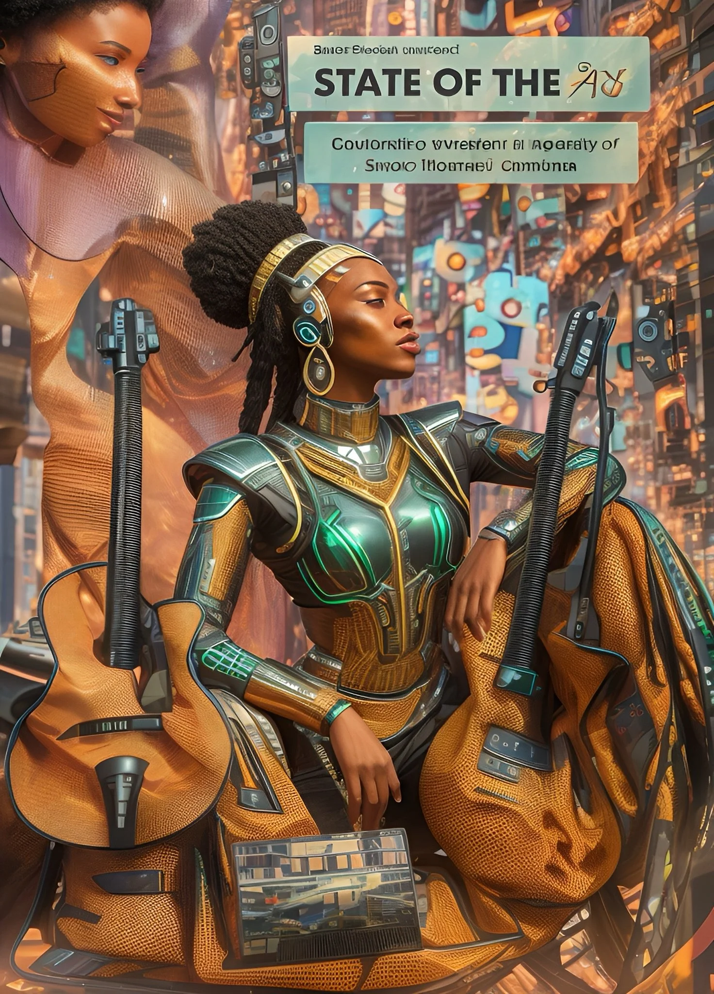 A futuristic display featuring a woman in an advanced, high-tech suit with glowing green and gold accents. She is wearing a headset and accessories, and stands in front of a digital cityscape backdrop on a sign that reads 'STATE OF THE' with addition
