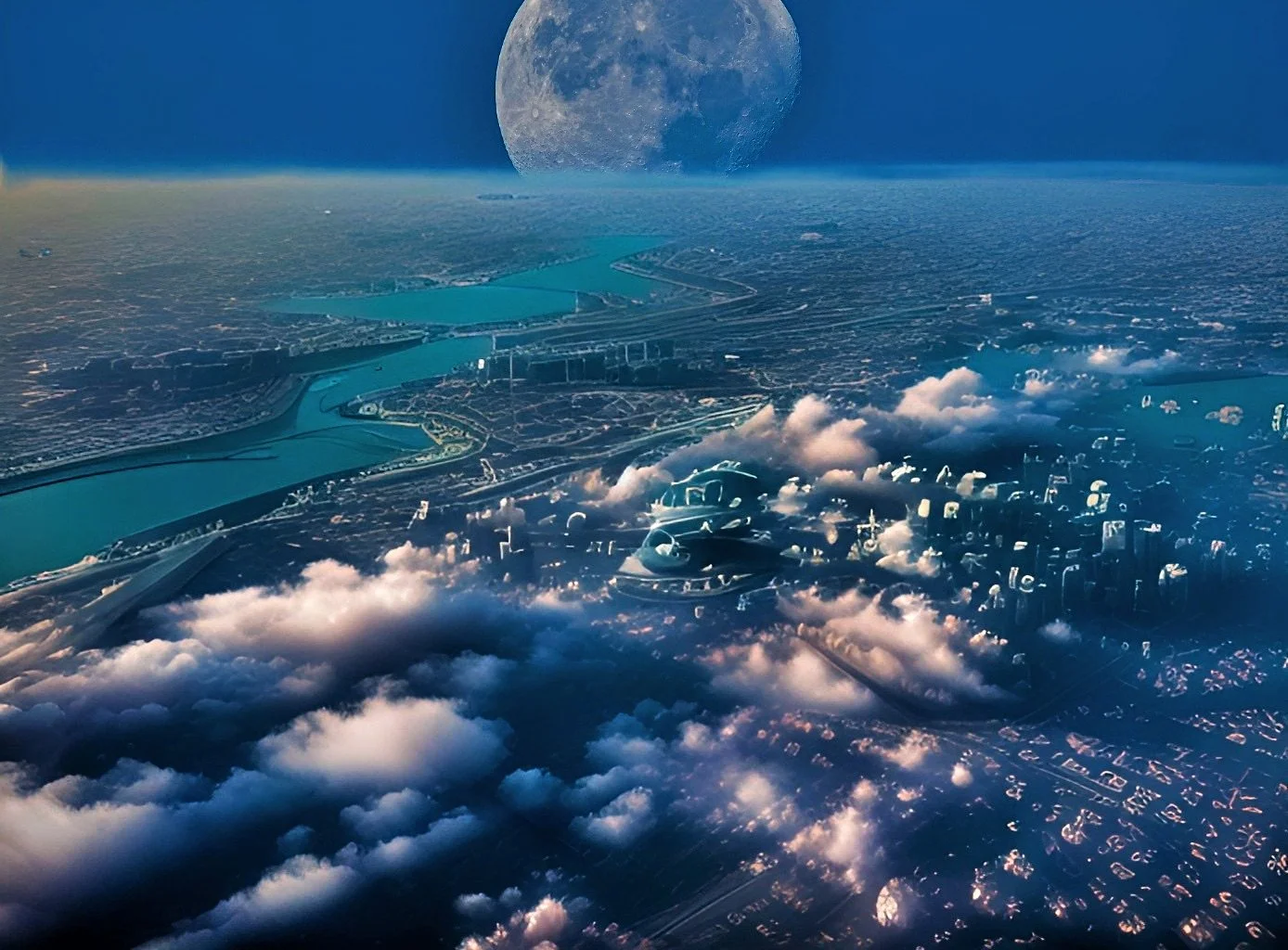 Futuristic cityscape with high-rise buildings, flying vehicles, clouds, and a large moon in the sky.