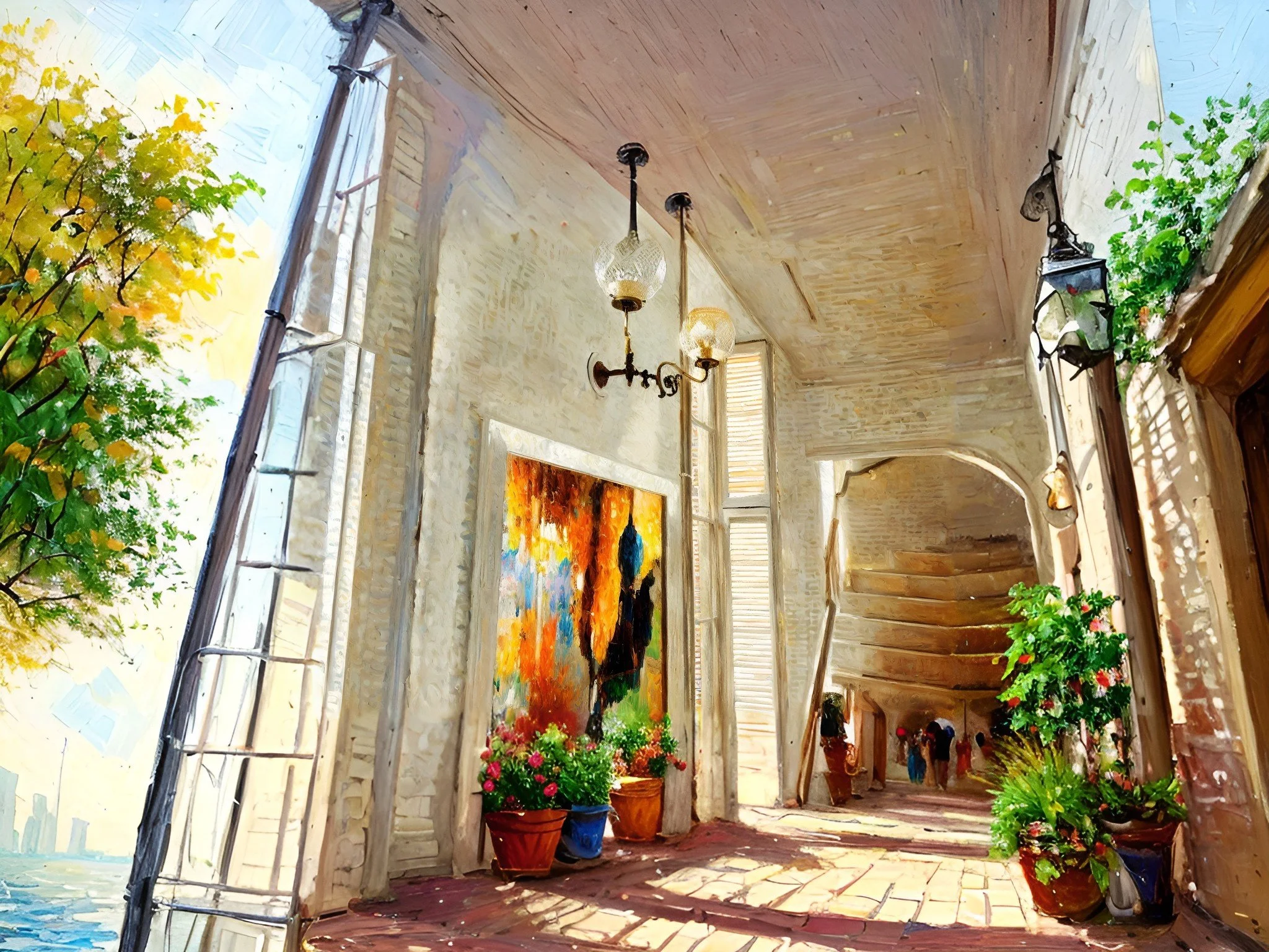 Painting of a sunlit walkway with vibrant flowers, abstract artwork on walls, and a distant view of a sea and skyline in the background. The area features hanging lanterns and an arched pathway lined with plants.