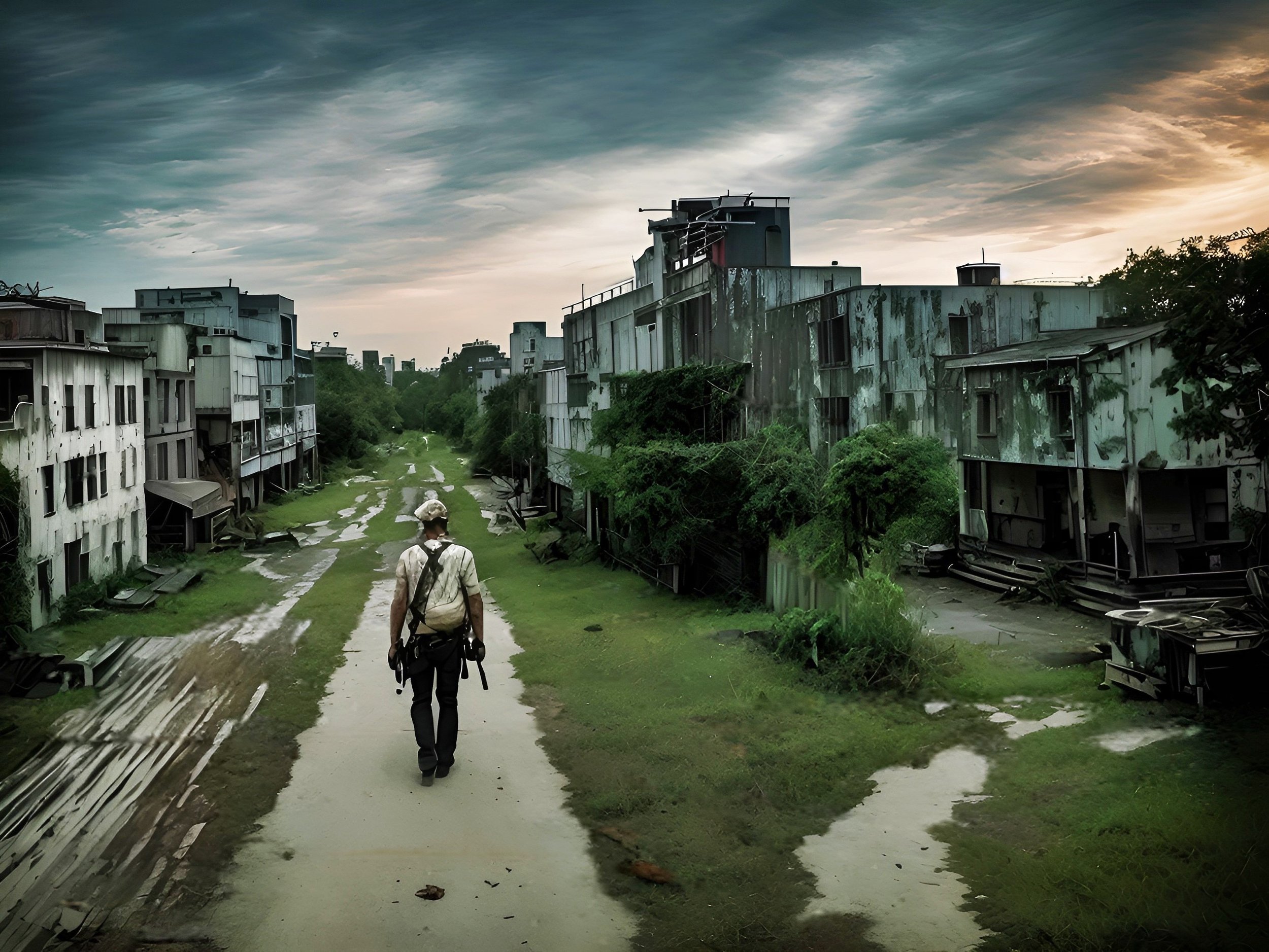Person walking through an overgrown, abandoned urban area with dilapidated buildings and cloudy sky.