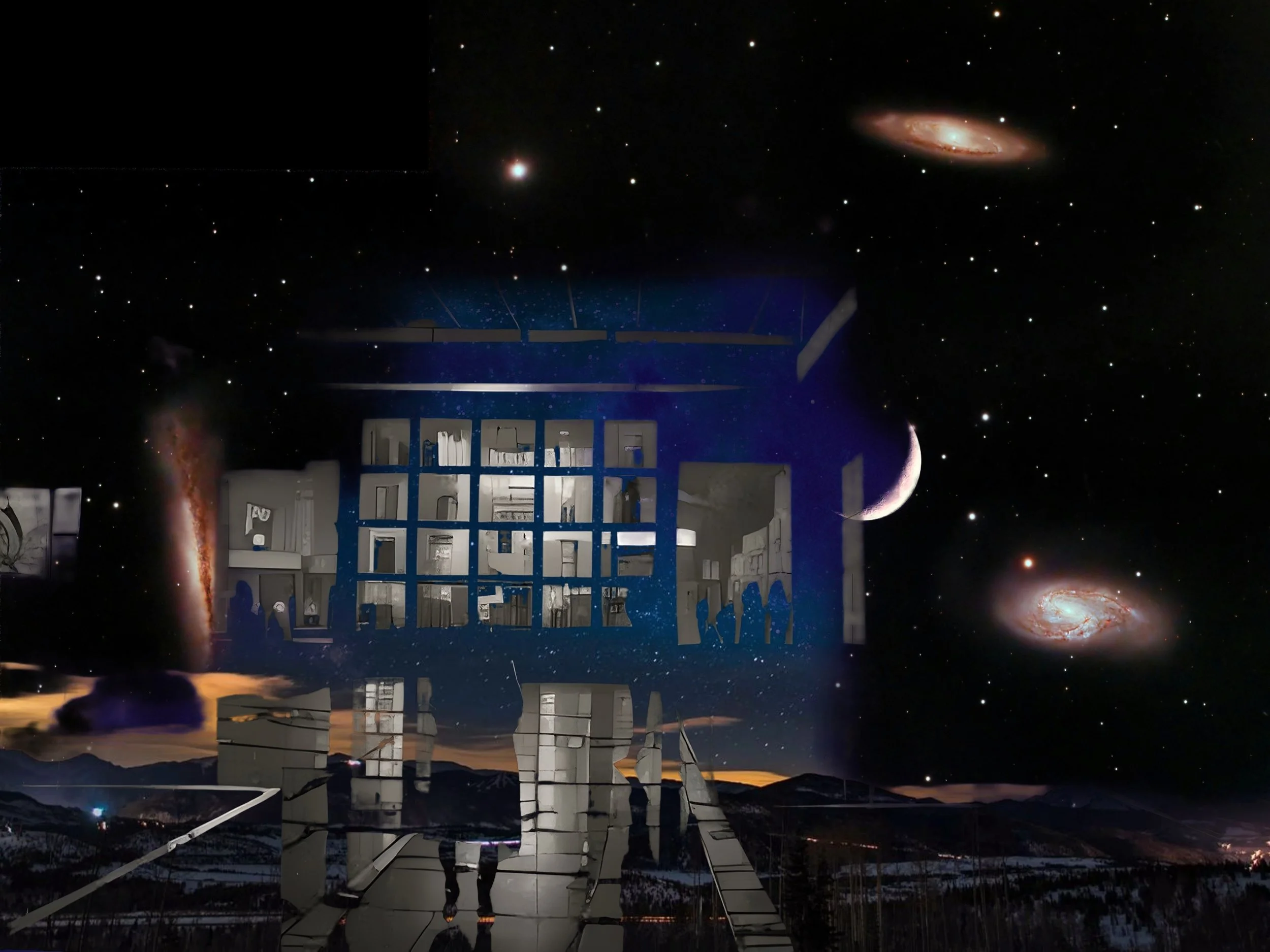 Surreal digital collage featuring a night sky with stars, galaxies, and a crescent moon. Inset is a grid of rooms with silhouetted figures, resembling a dollhouse or building interior, contrasting with a landscape showing mountains and reflections. M