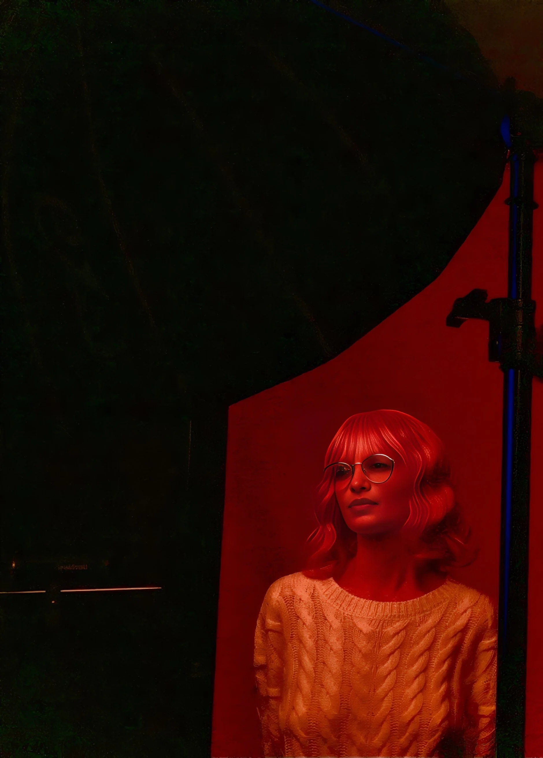 A woman with red hair, glasses, and a beige sweater standing under a red backdrop, with a dark space and lighting equipment visible behind her.