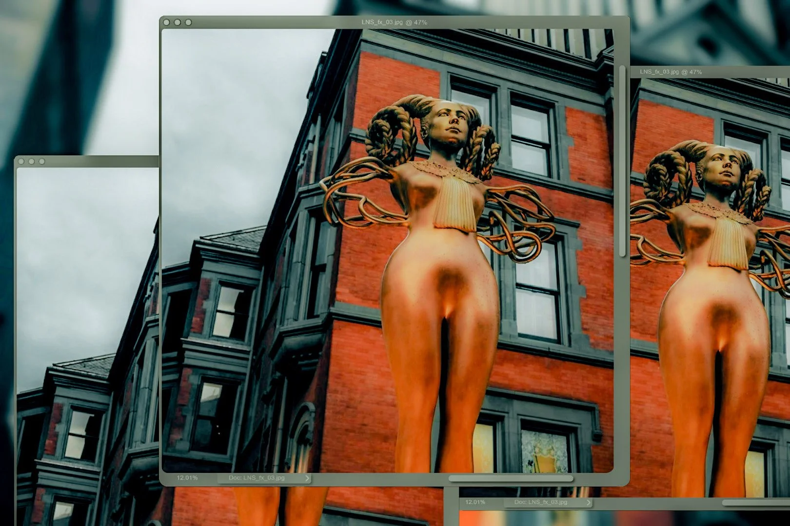 Copper-colored statue of a woman with elaborate hair and abstract elements against a backdrop of a red brick building.