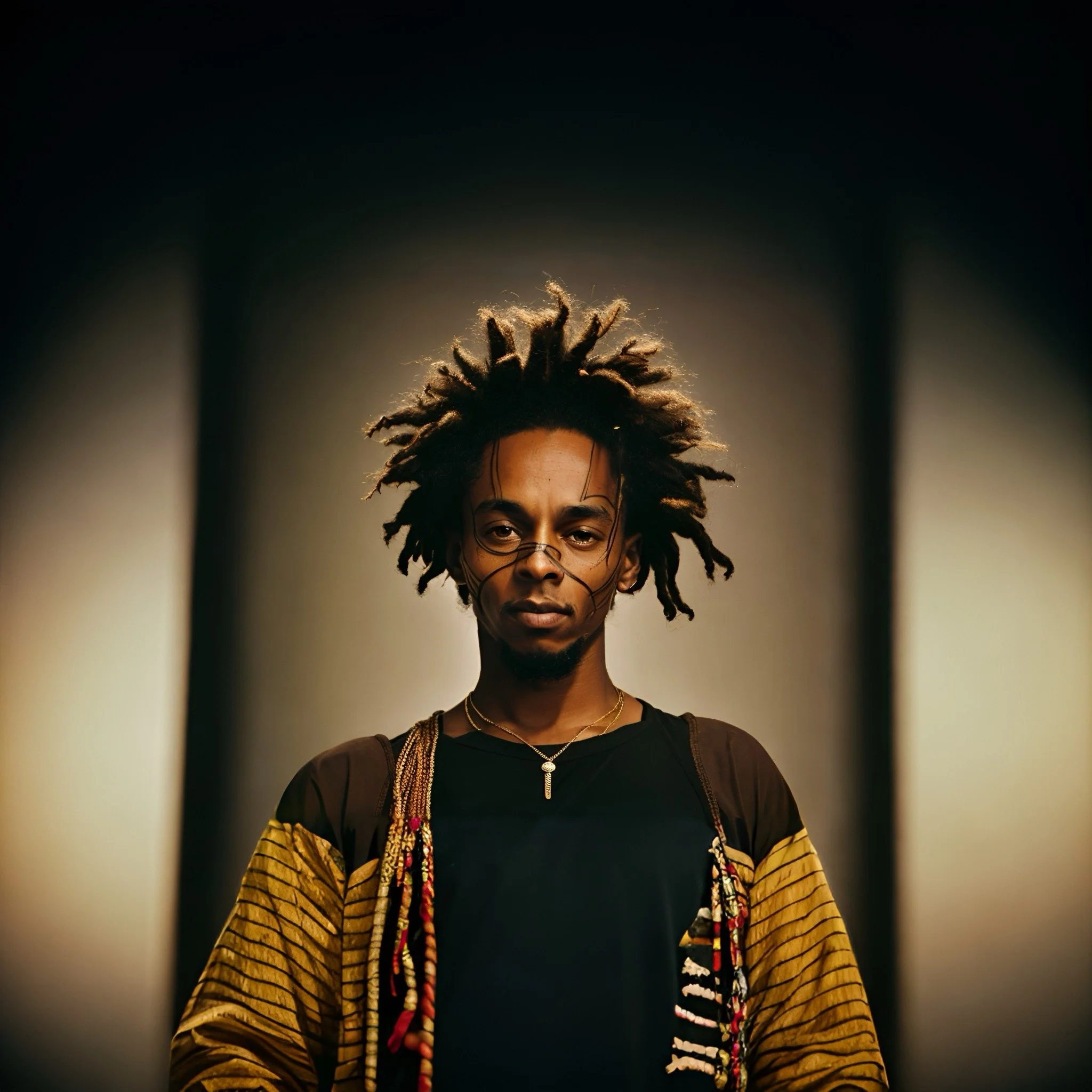 A person with dark skin and dreadlocks wearing a black shirt, a yellow patterned jacket, and layered necklaces, standing in front of a dark background with diffused lighting highlighting their face and hair.