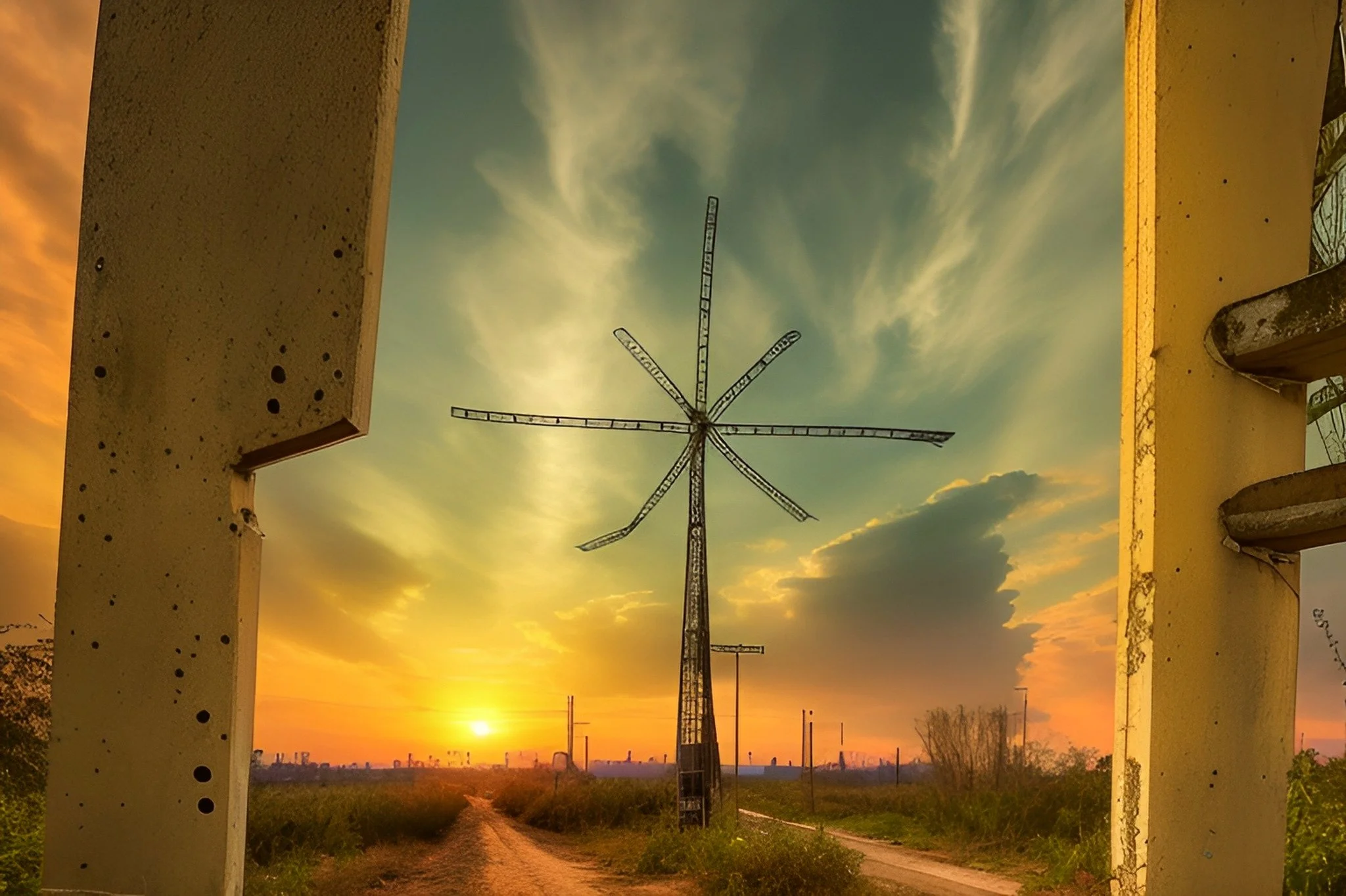 Silhouette of a large windmill against a vibrant sunset sky, framed by two concrete structures, with a dirt path leading towards it.