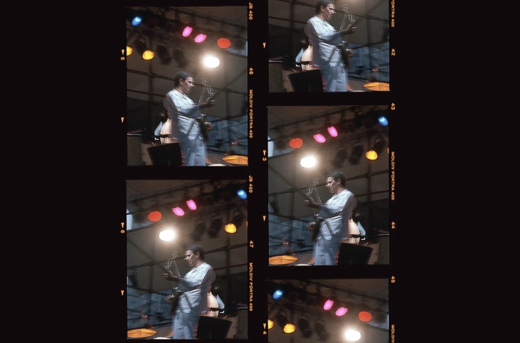 A collage of six photos shows a woman playing an electric guitar on stage amid colorful stage lights at a concert or live music event.