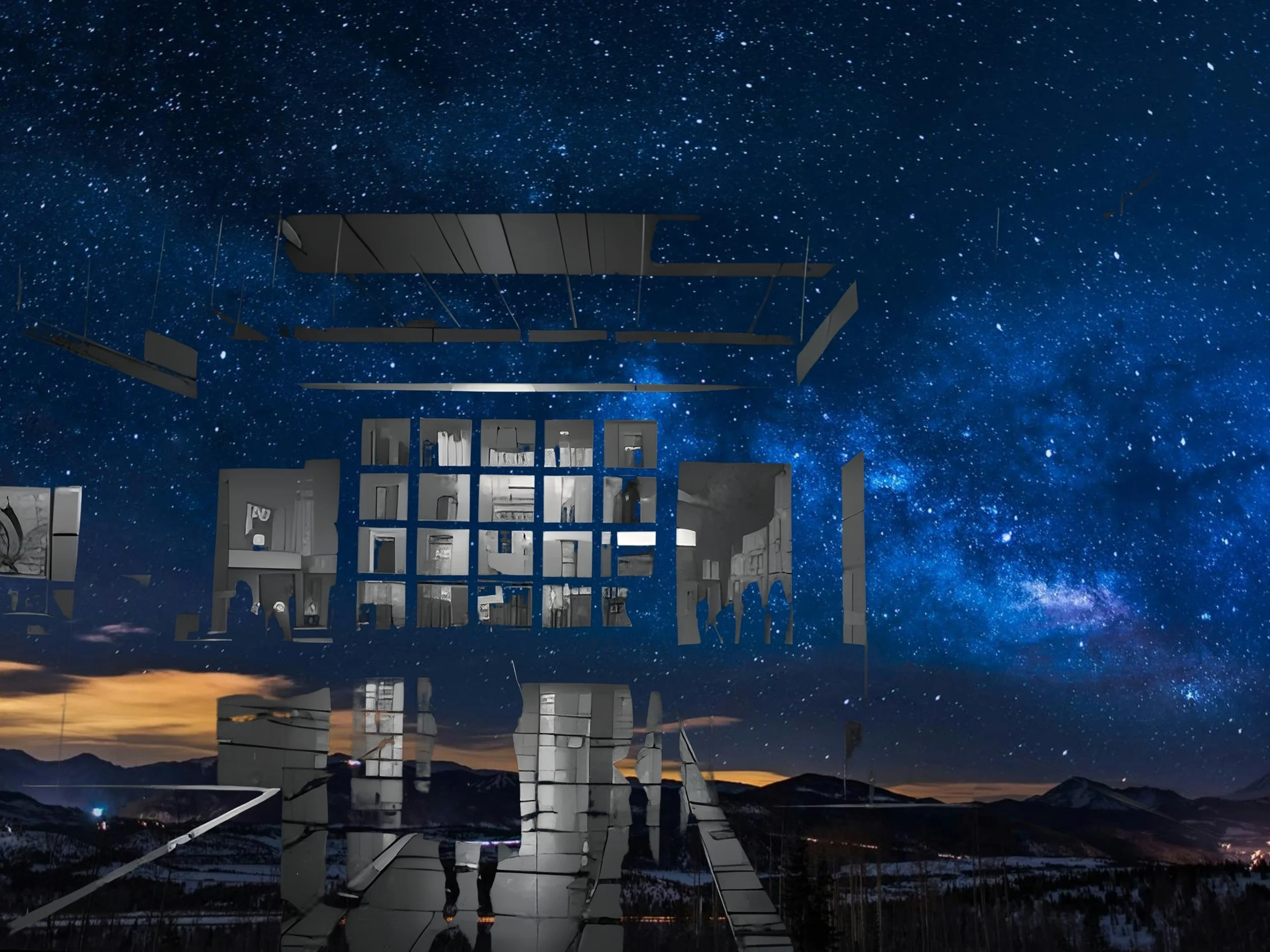 A futuristic, floating building interior with a glass facade against a starry night sky.