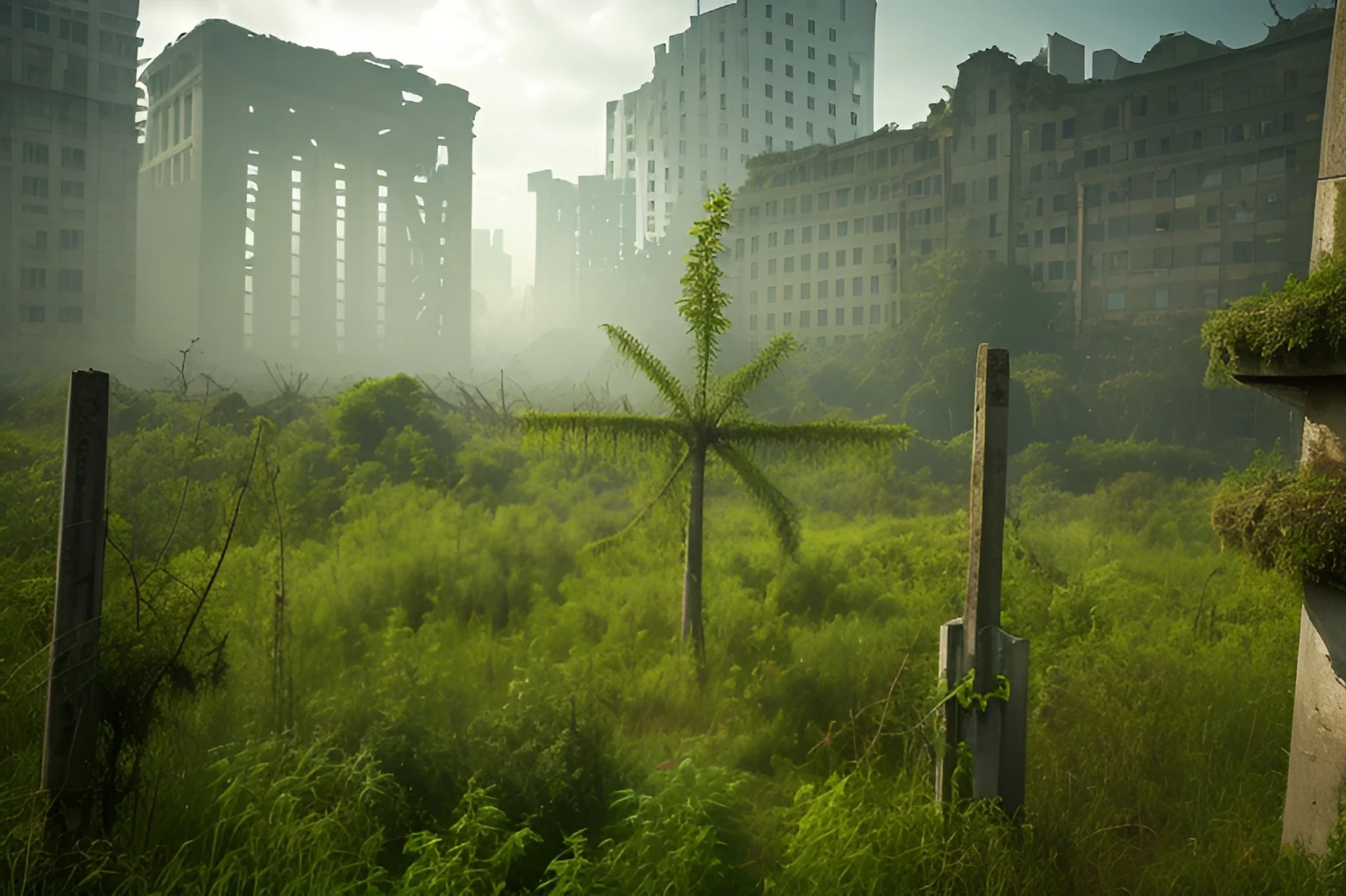 Abandoned cityscape with overgrown vegetation and dilapidated buildings in the background, featuring a unique tree resembling a palm tree in the foreground.