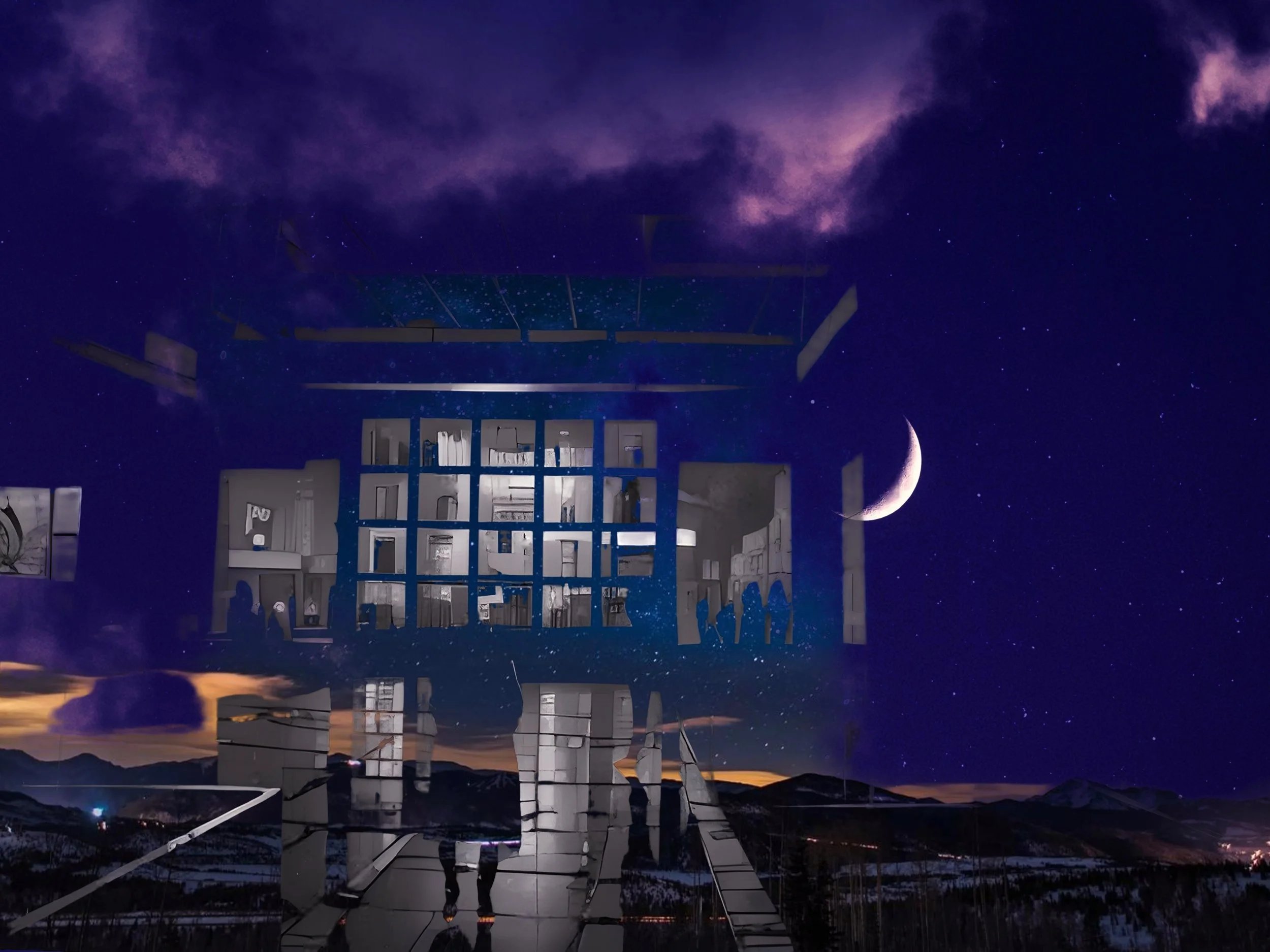 Surreal night scene with crescent moon, starry sky, abstract building, and reflective surfaces.