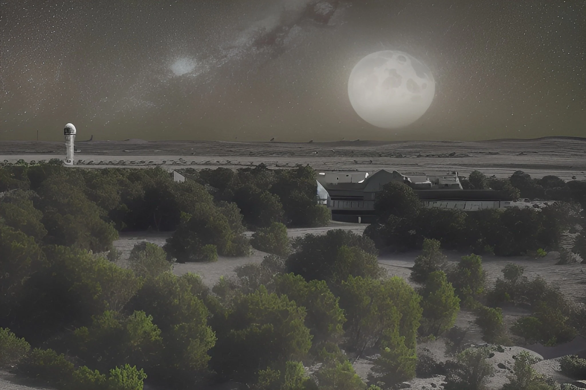 Surreal landscape with green trees, a telescope, building, large moon, and starry sky.