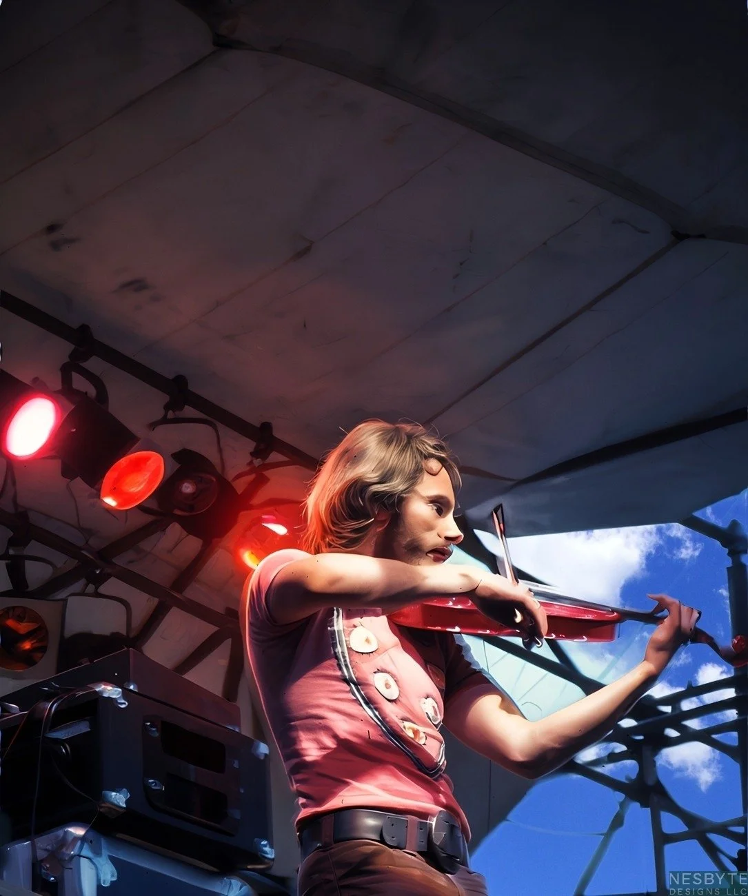 Young woman playing the violin on an outdoor stage under a tent, with stage lights and a partly cloudy sky visible in the background.