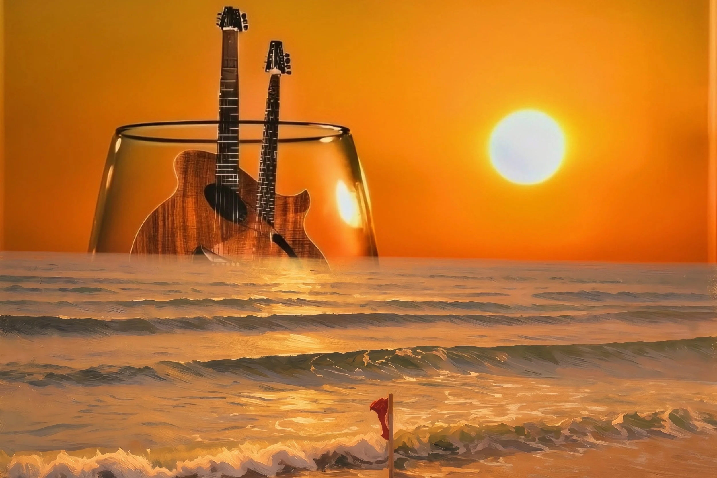 A glass of water with a guitar and guitar necks inside it, set against a sunset over the ocean, with a small red flag on a stick in the foreground.