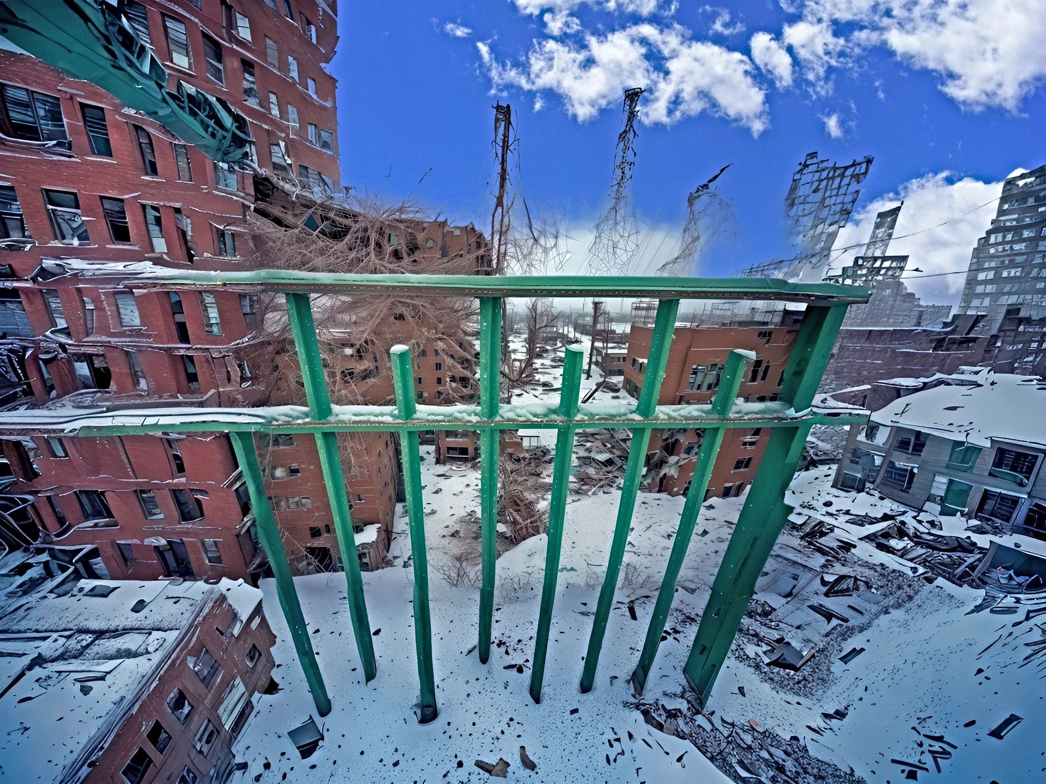Abstract digital art of tall buildings with surreal distortion and a green structure in the foreground against a clear blue sky.