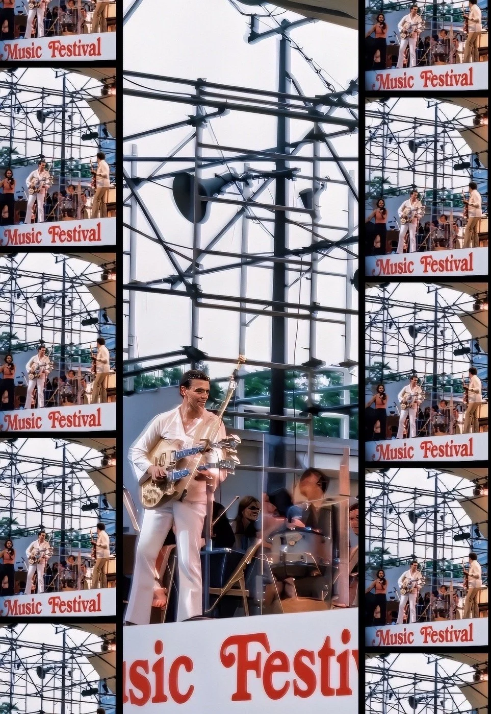 Multiple images of a live music performance at a festival with a sign reading 'Music Festival.' The main image shows a smiling guitarist in white attire playing on stage, with other musicians and audience members visible behind a glass barrier. The s