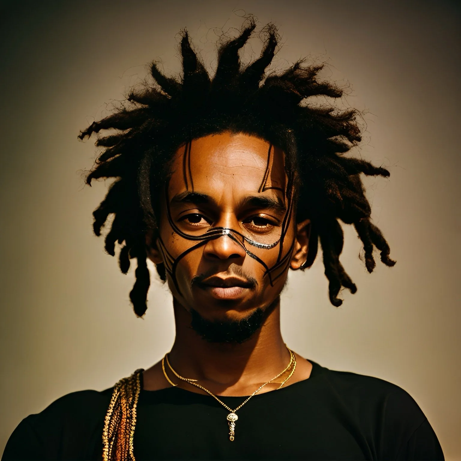 portrait of a young man with dreadlocks, wearing jewelry and black face paint designs, against a plain background.