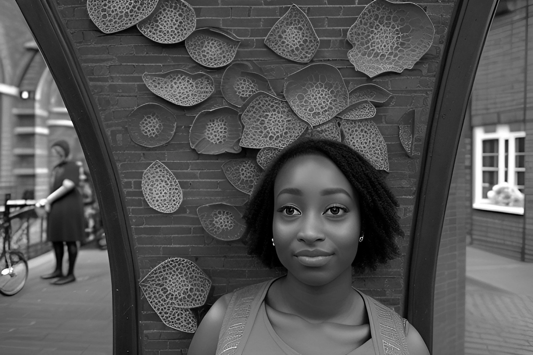 A young woman with natural hair standing in front of a decorative wall with cut-out leaf patterns, holding a large frame that surrounds her face and shoulders, outdoors on a city street.