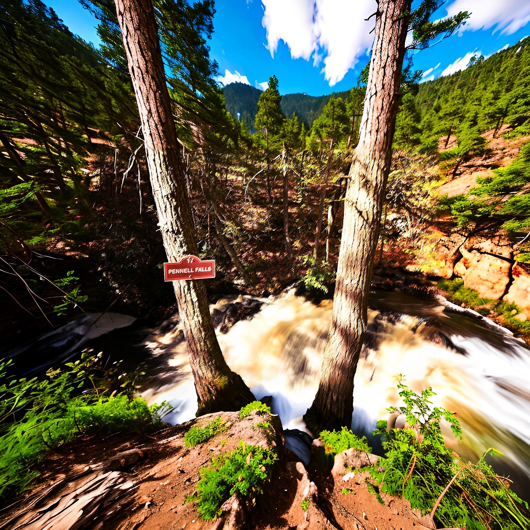Scenic view of Pennell Falls with trees and flowing water, surrounded by a forested landscape.