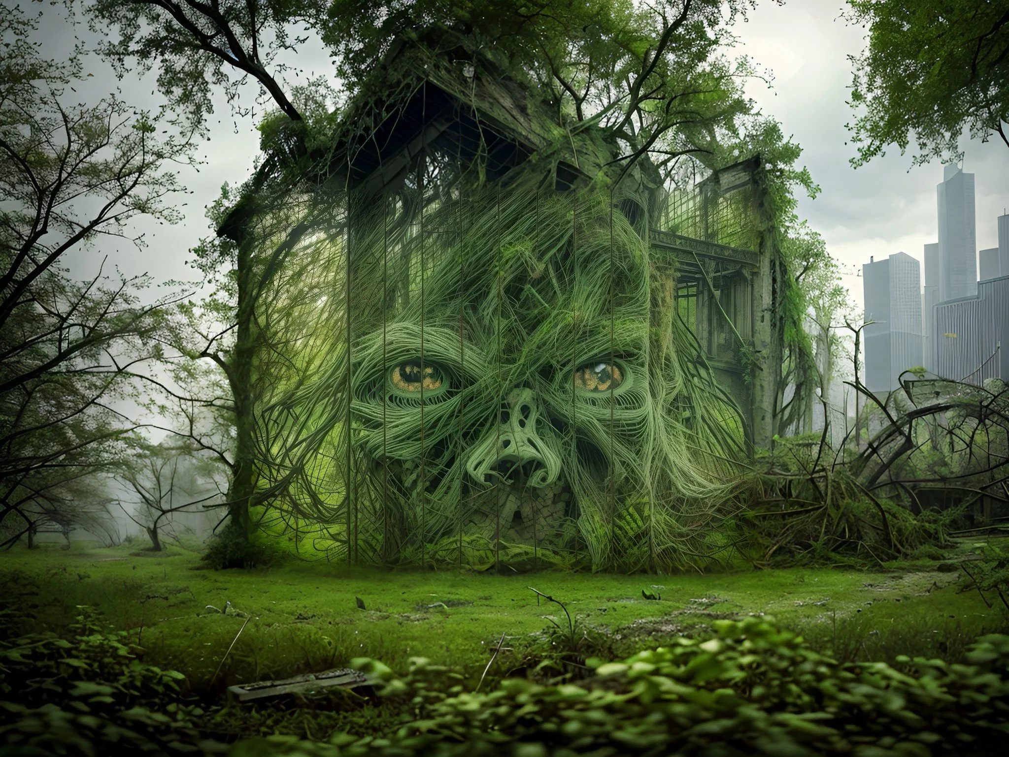 Abandoned house with overgrown vines creating a face illusion, surrounded by trees and greenery, with skyscrapers in the background.