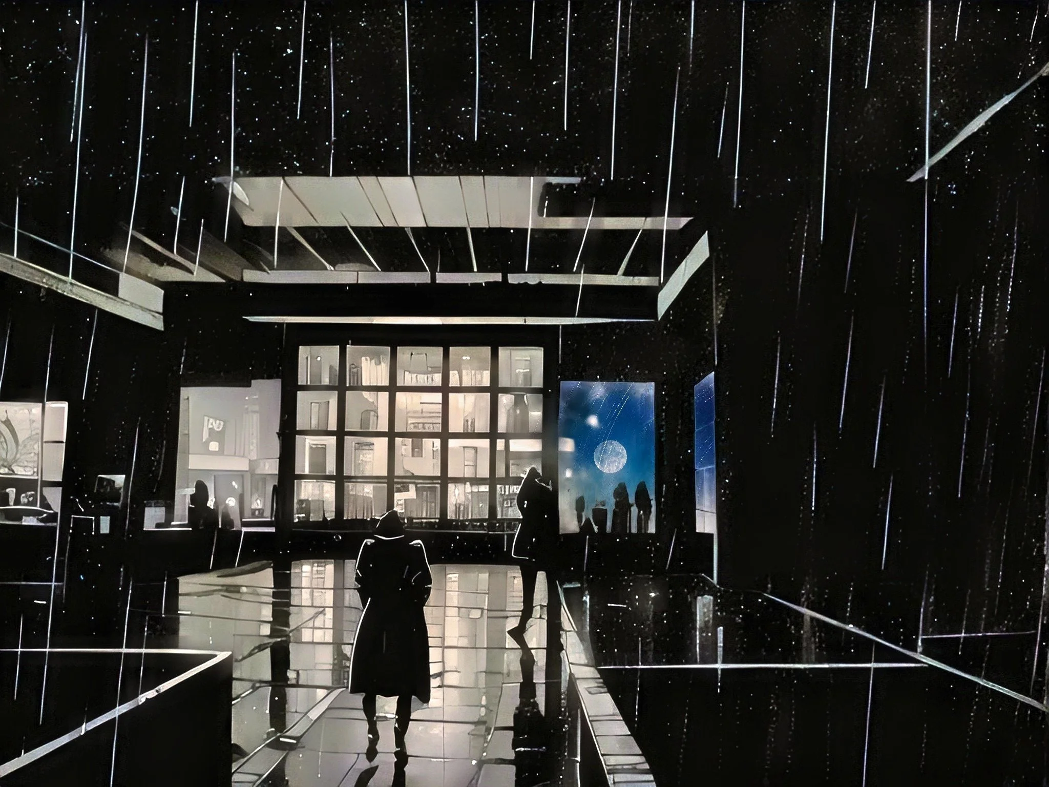 Silhouetted figures walking in a dark, futuristic interior with large window displays and digital screens, illuminated by artificial lights and reflections.