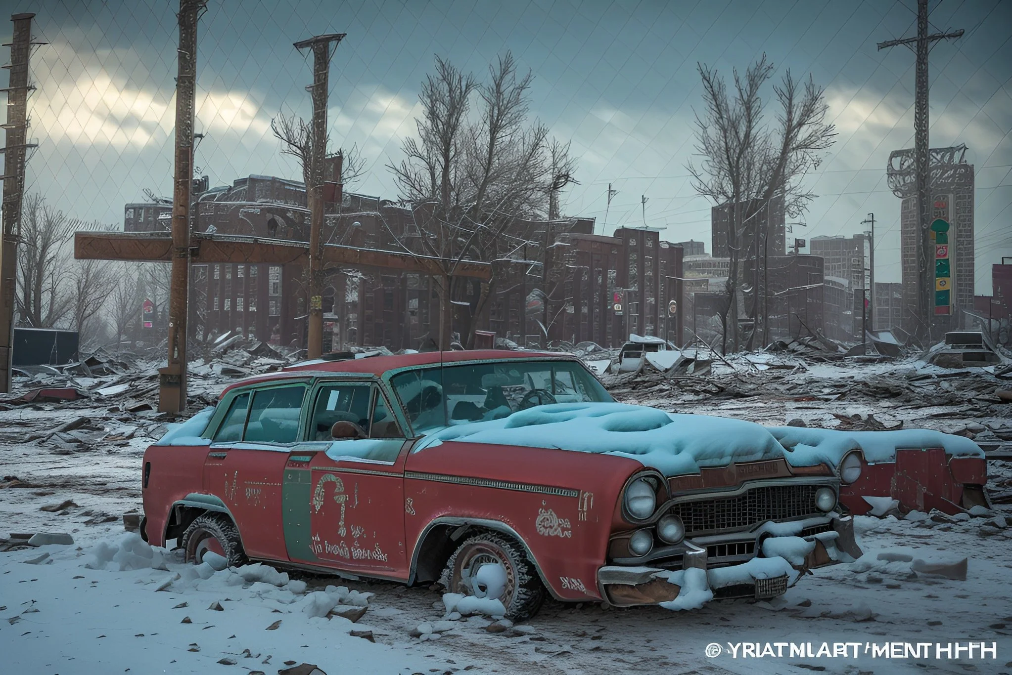 Abandoned red car covered in snow amidst a snowy, urban wasteland with damaged buildings and barren trees.