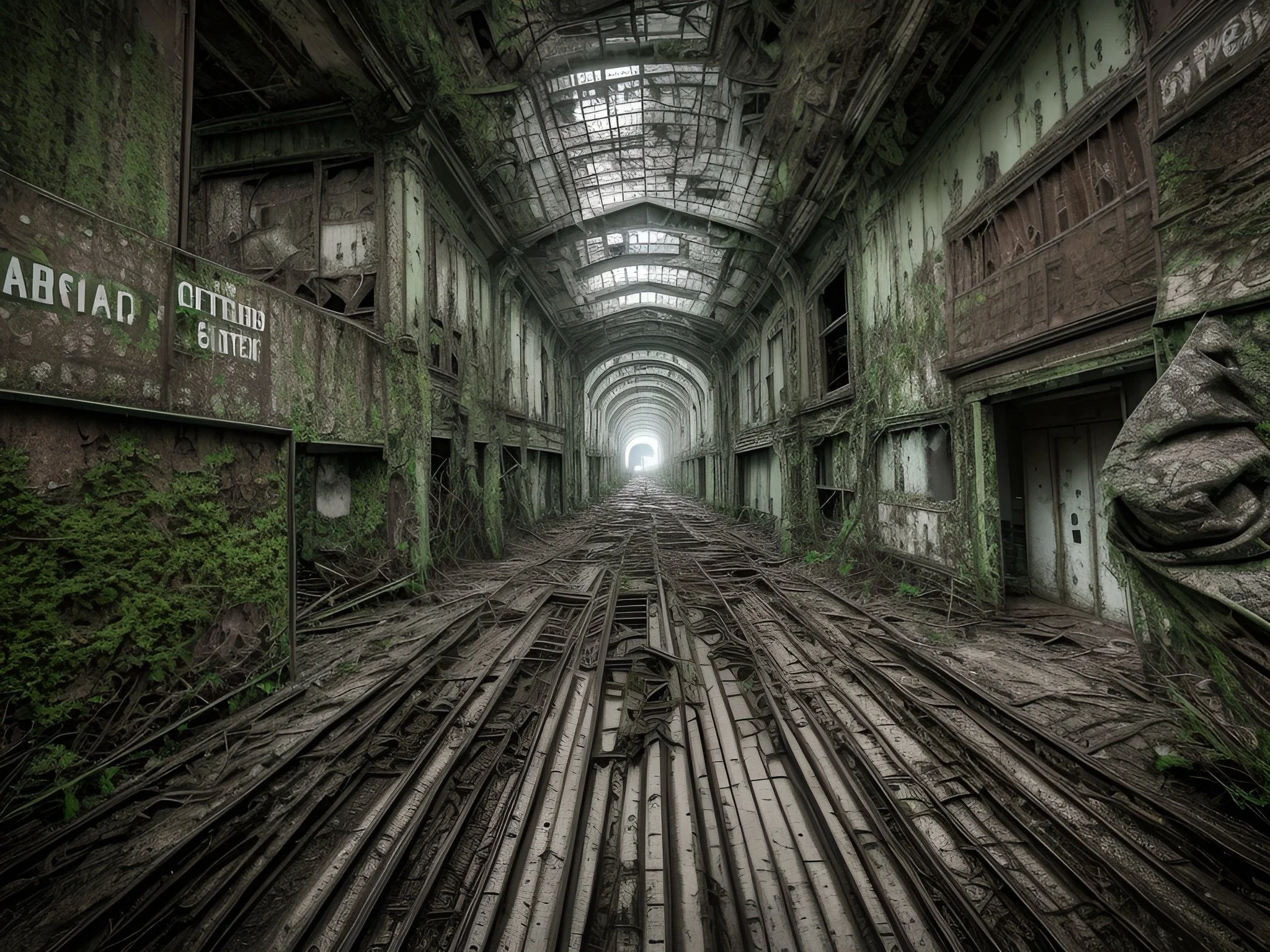 Abandoned railway tunnel with overgrown vegetation and dilapidated walls, leading to a bright light.