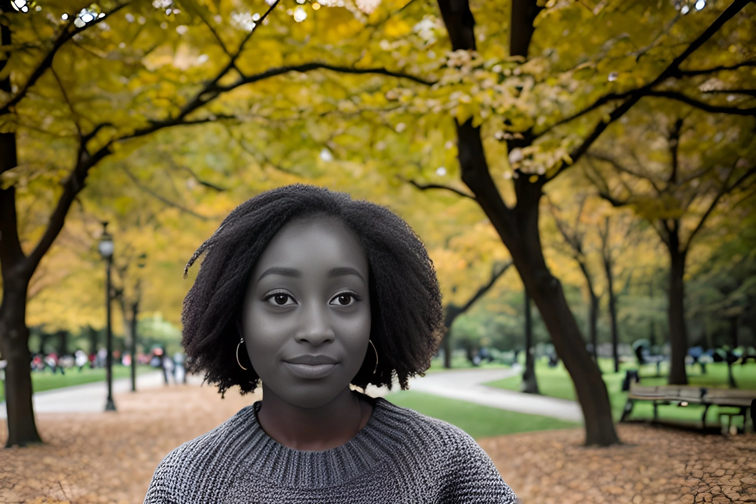 A woman with dark complexion and curly black hair wearing a gray sweater, standing in a park with trees with yellow leaves in the background.