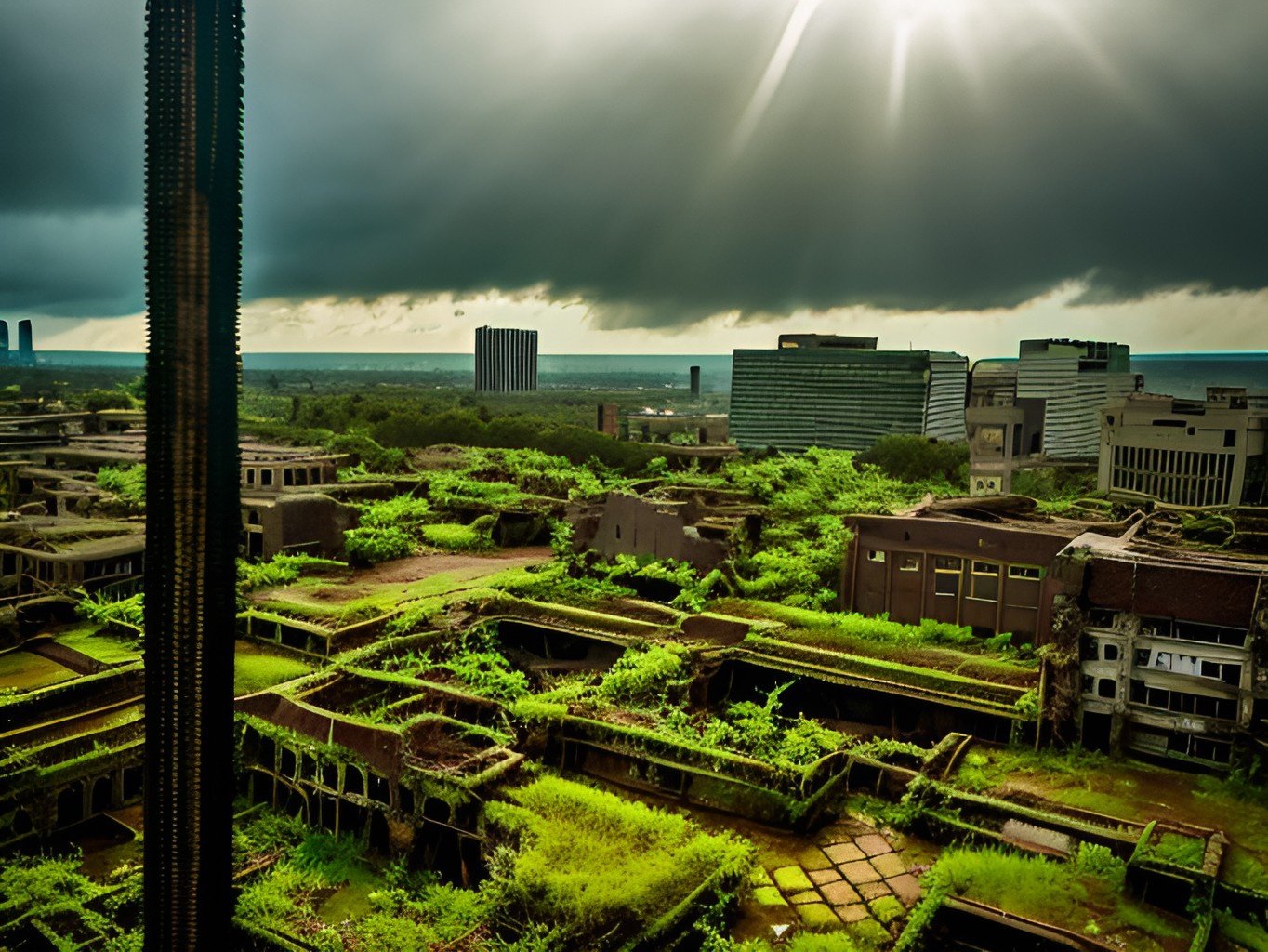 Abandoned urban area with overgrown vegetation, cloudy sky, sunlight breaking through