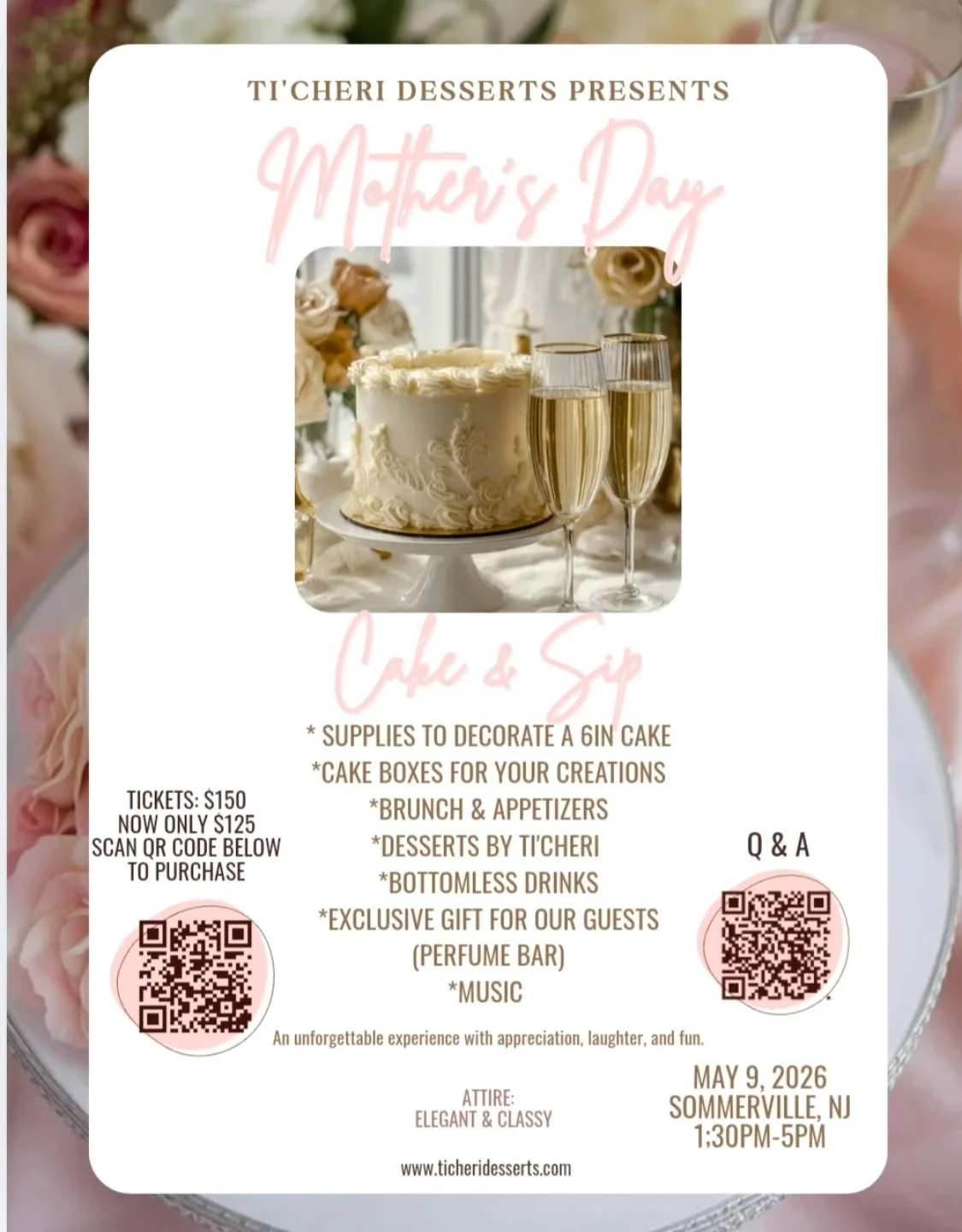 Last chance! Only a few tickets left for an unforgettable Mother's Day event! Enjoy exclusive gifts, fun, and more!

 May 9, 2025
 1:30-5pm
 Somerville, NJ

 LINK IN BIO! 

#mothersday  #cakeandsip  #perfumebar