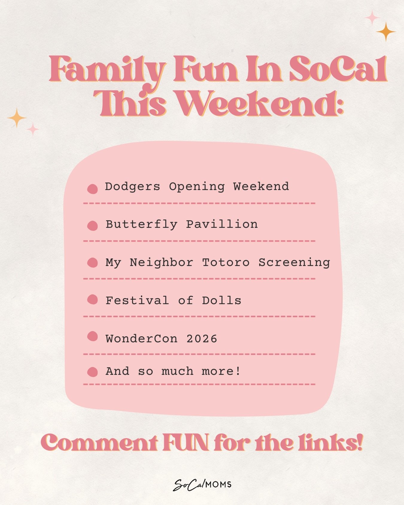✨ Your weekend plans are here! ✨ Our friends at&nbsp;@momsla&nbsp;just updated their list of the best things to do with kids in LA this weekend (March 27th - 29th) and it&rsquo;s packed with cant miss family friendly fun all across SoCal!

🎉 Comment