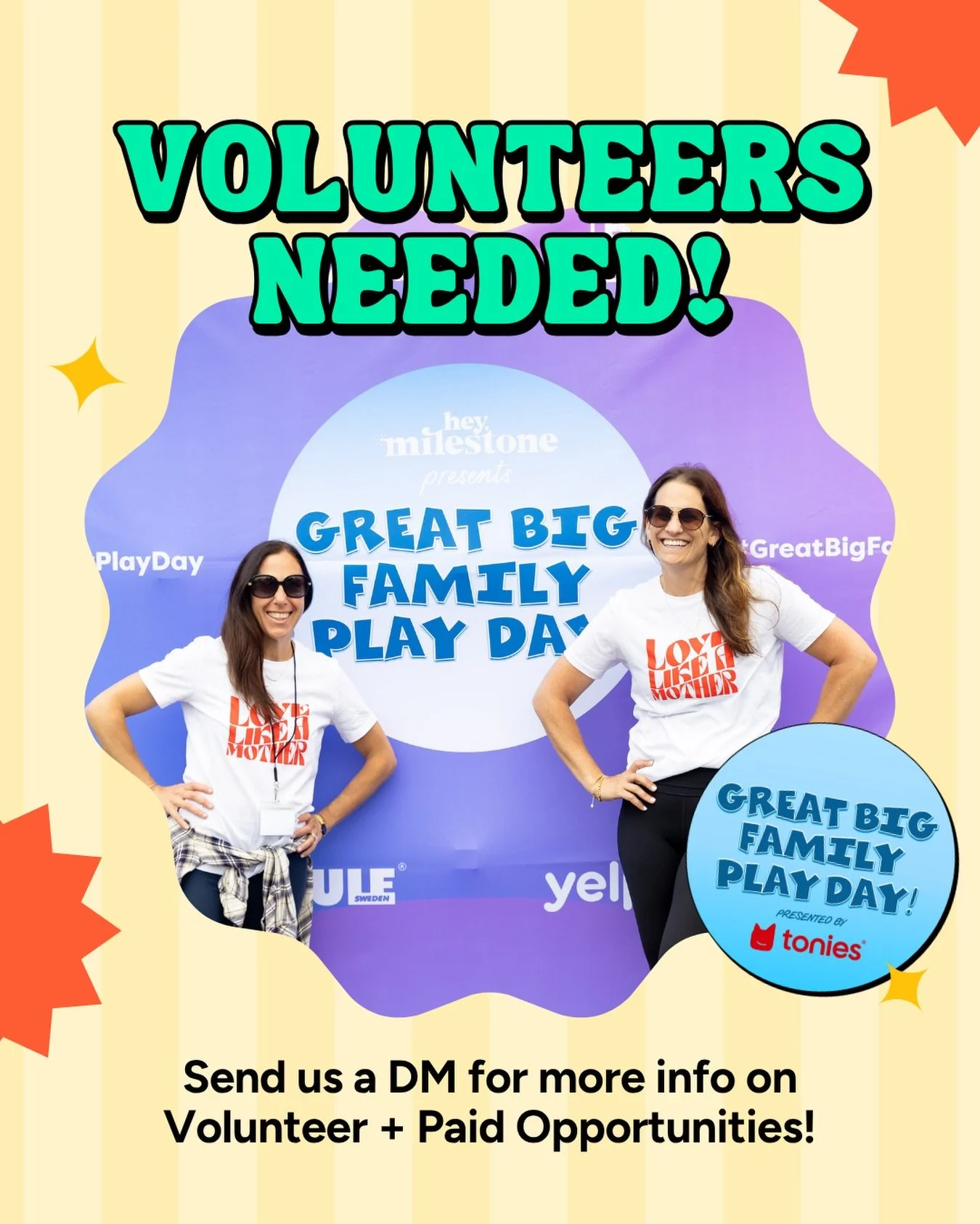The 11th Annual @greatbigfamilyplayday (presented by @tonies.us) is shaping up to be one of our biggest events EVER! 🤩

In order to provide the best, most seamless experience possible for all of our guests, our team is in need of additional voluntee