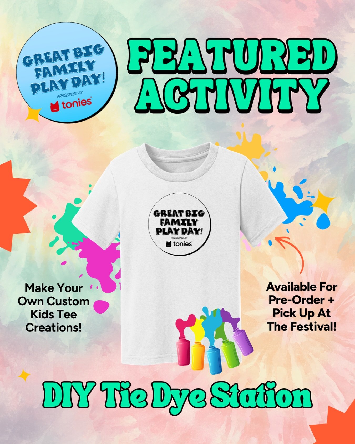 🎨🌈 Get ready to create your own tie-dye masterpiece! 🌈🎨

We&rsquo;re bringing a DIY Tie Dye Station to the 11th annual @greatbigfamilyplayday (presented by @tonies.us) and trust us, this is one activity your kids are going to LOVE. 💫

👕 Pre-ord