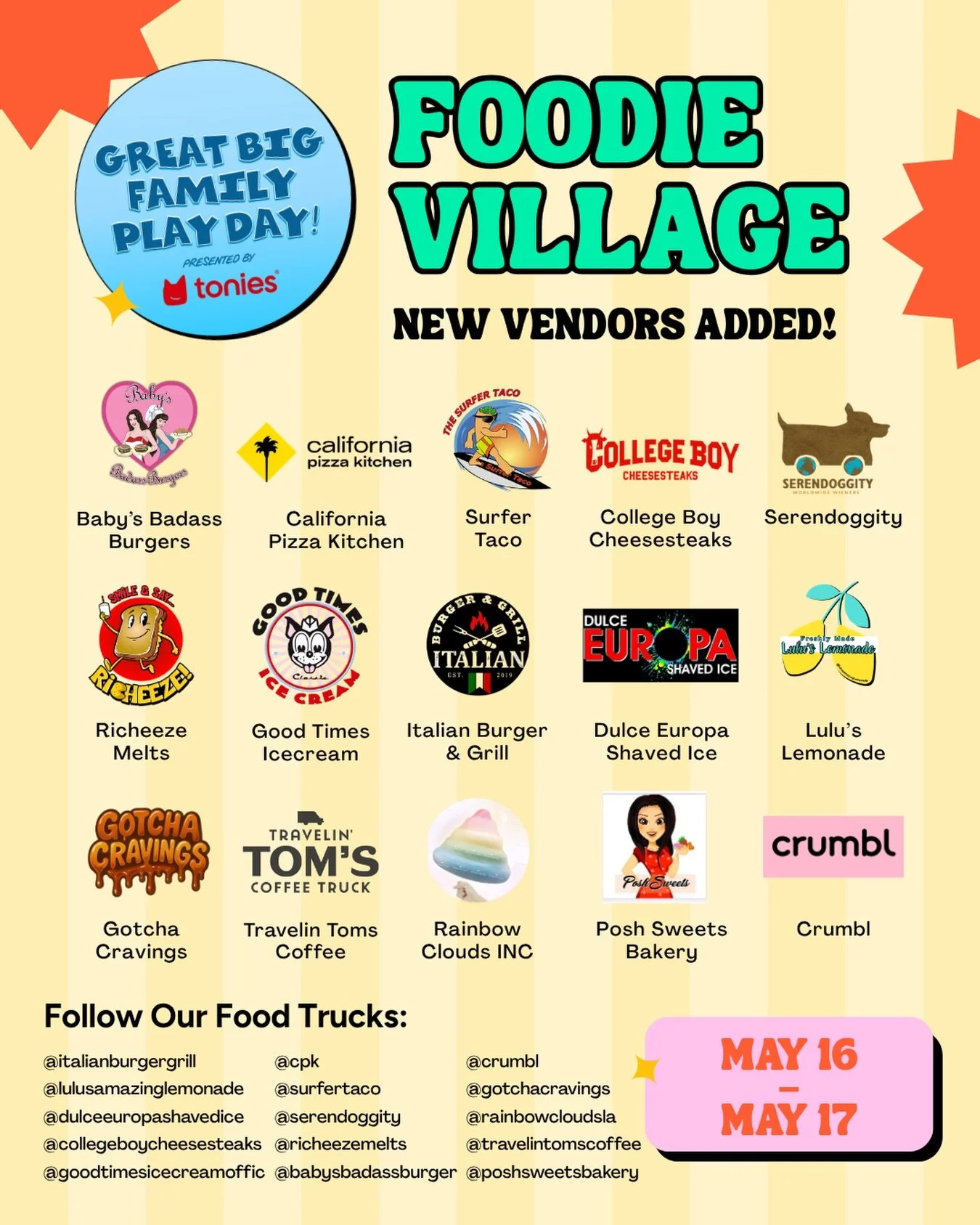 NEW ADDITIONS TO OUR FOODIE VILLAGE! 🧁🥤🥨🍓

Festival guests will have their choice from some of the BEST sweets &amp; savory bites at the 11th Annual @greatbigfamilyplayday (presented by@tonies.us) this weekend!

Here&rsquo;s what&rsquo;s cooking?