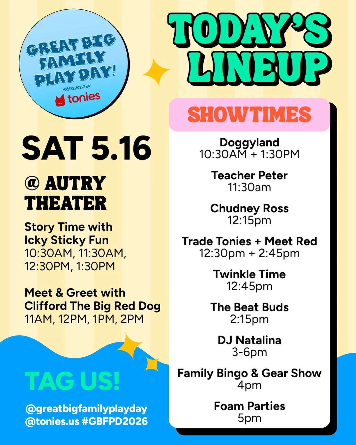 🎉 SATURDAY&rsquo;S OFFICIAL LINE UP IS HERE for @greatbigfamilyplayday presented by @tonies.us! 🎉

From live music and story times to character meet &amp; greets, foam parties, dance parties, sports zones, face painting, bike courses, arts and craf