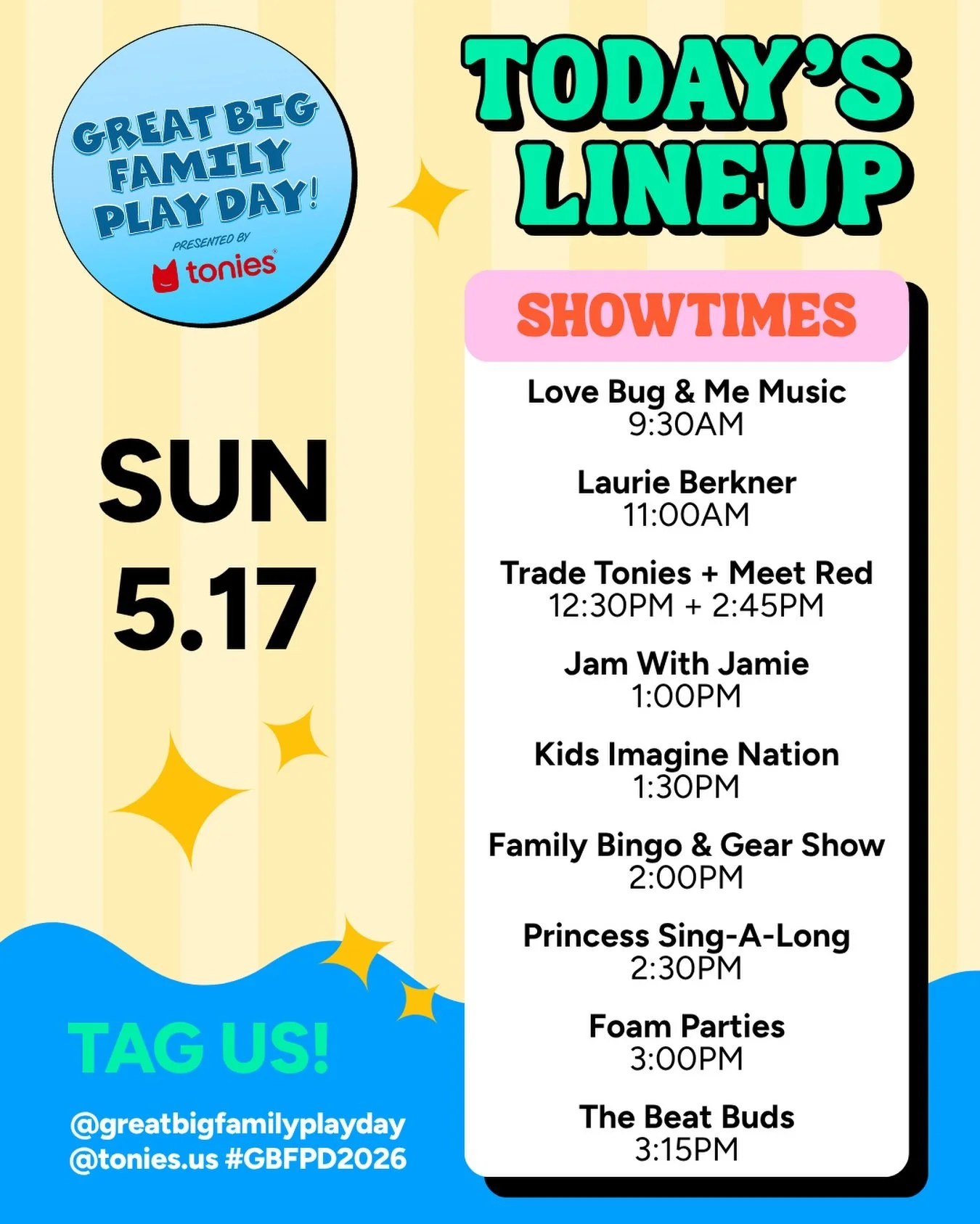 🎉 SUNDAY&rsquo;S OFFICIAL LINE UP IS HERE for @greatbigfamilyplayday presented by @tonies.us! 🎉

One more BIG day of music, movement, singalongs, giveaways, foam parties, and nonstop family fun ahead at @theautry in Los Angeles! 💫

🎤 TODAY&rsquo;