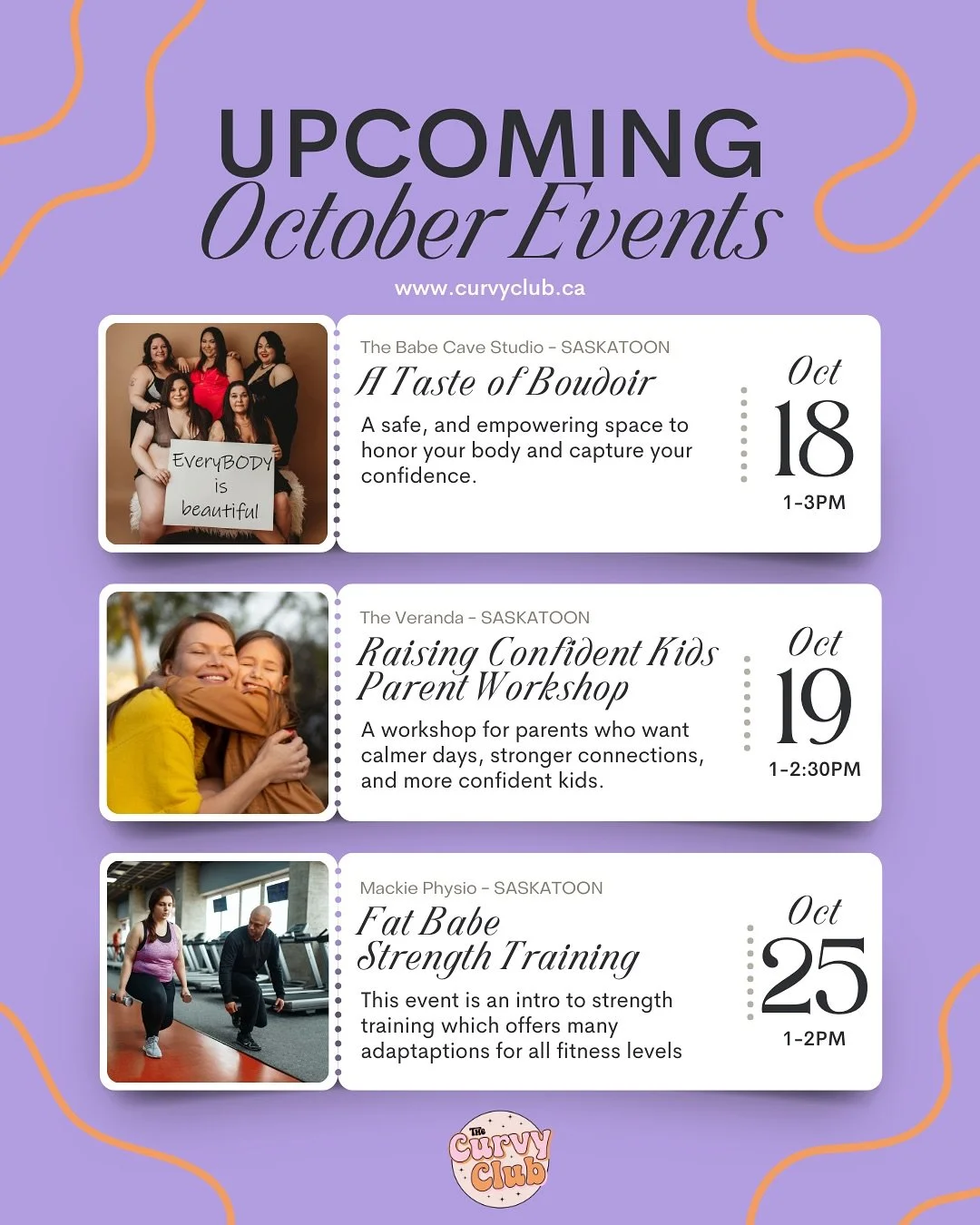 Let’s FALL back into routine with some October Curvy Club Events! π
 β¨ October 18 - A Taste of Boudoir with The Babe Cave Studio
β¨ October 25 - Fat Babe Strength Training at Mackie Physiotherapy hosted alongside Curvy Club member Melissa Mur