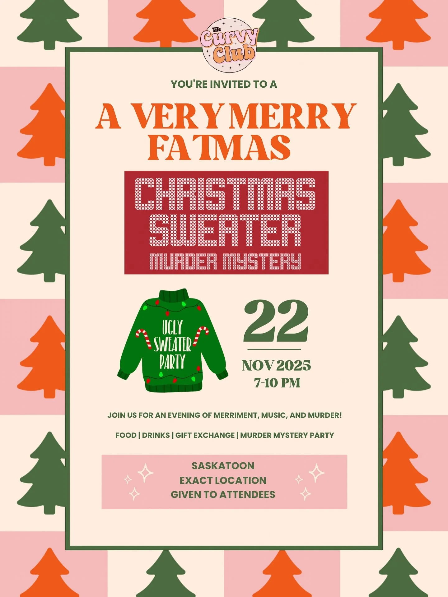 Our Very, Merry Fatmas Holiday Murder Mystery party is THIS SATURDAY!

Join us for laughs, food, and MURDER!

This is such a fun event where you can come and be yourself, celebrate the holidays in a judgment free zone!

I&rsquo;d love a few more atte