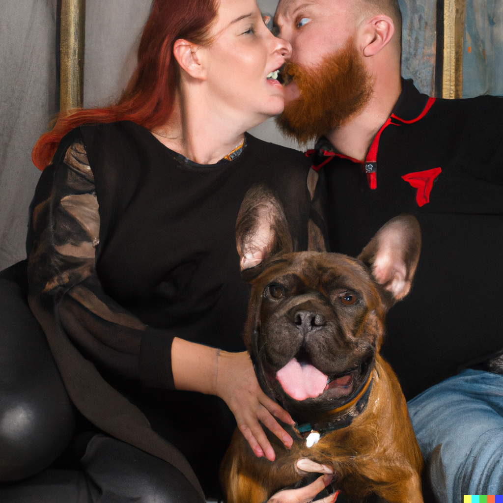 DALLĀ·E 2022-12-18 11.40.08 - a woman with red hair and a bald man with a beard and a black french bulldog at christmas studio portrait.png