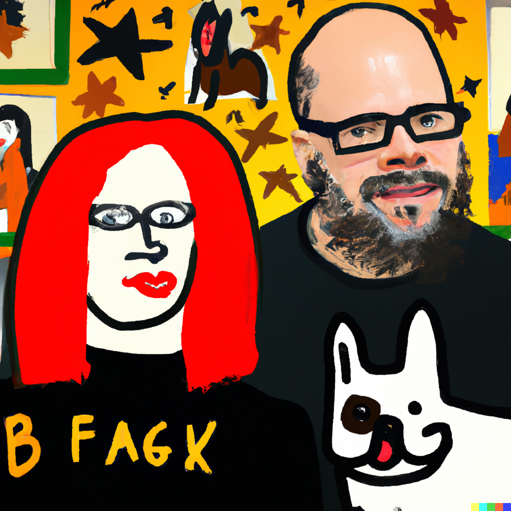 DALLĀ·E 2022-12-18 11.46.31 - portrait of a mid sized woman with long red hair and a bald man with glasses and a beard and a black coloured french bulldog on christmas art by Jean.png