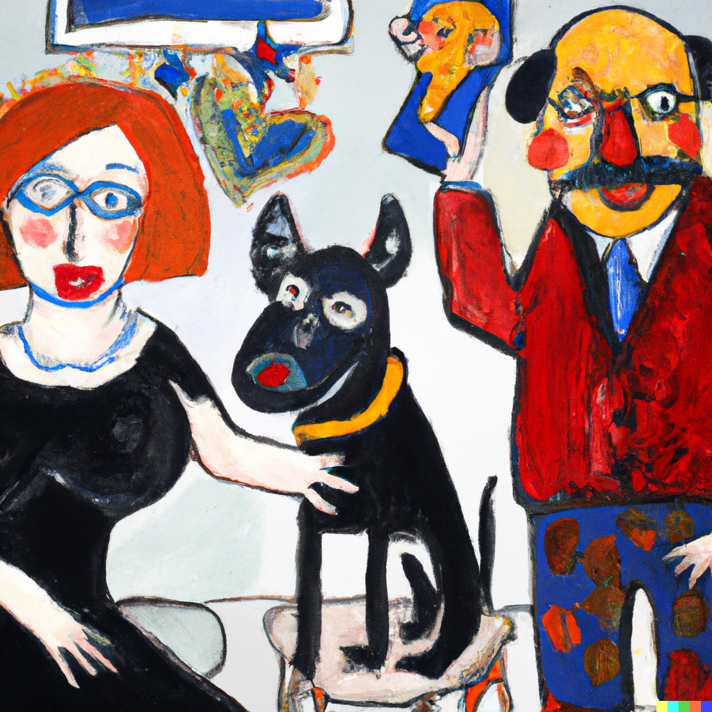 DALLĀ·E 2022-12-18 11.38.21 - a red haired woman and a bald man with a beard and glasses and a black french bulldog at christmas painted by picasso .png